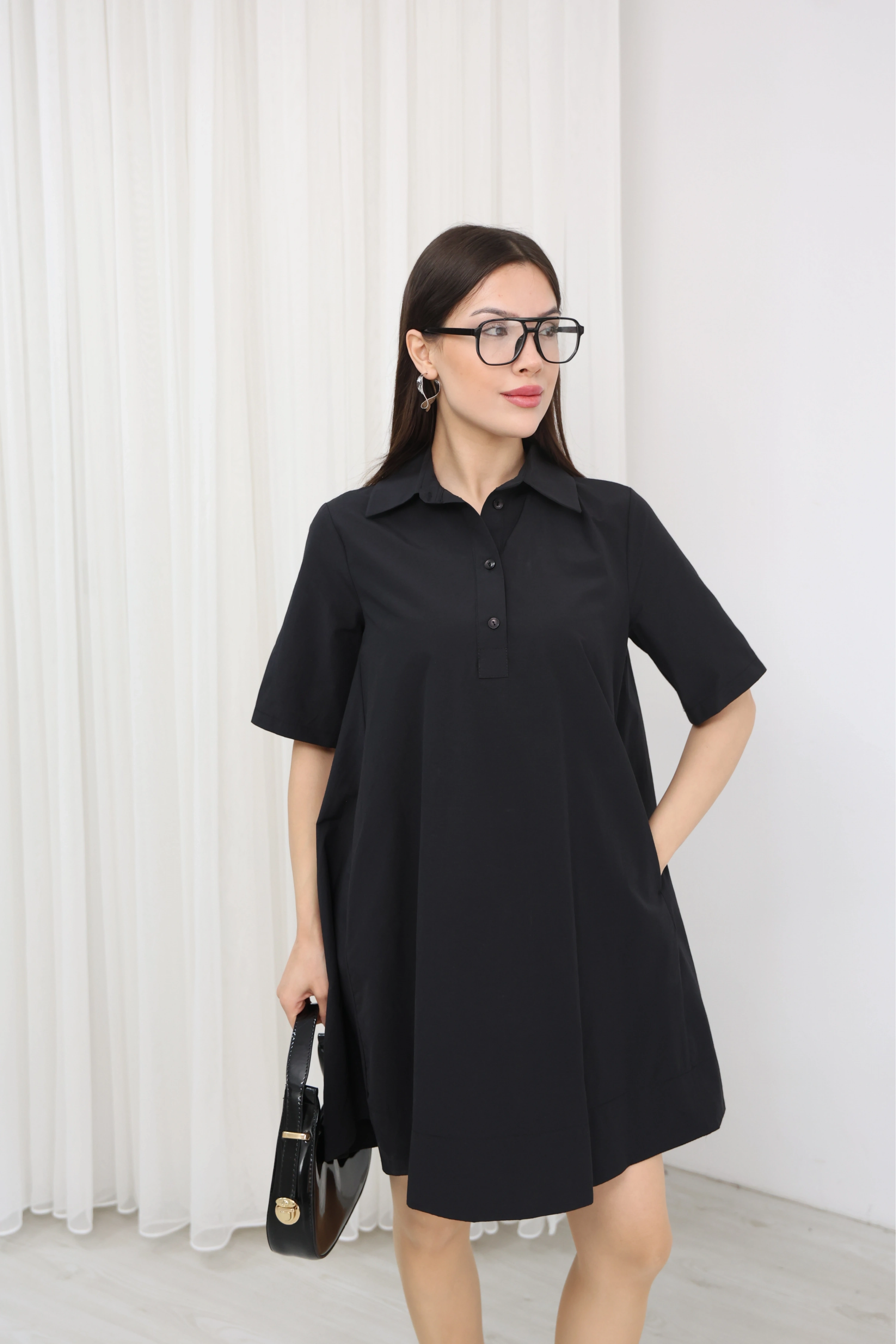 GÖMLEK YAKA ELBİSE - SİYAH