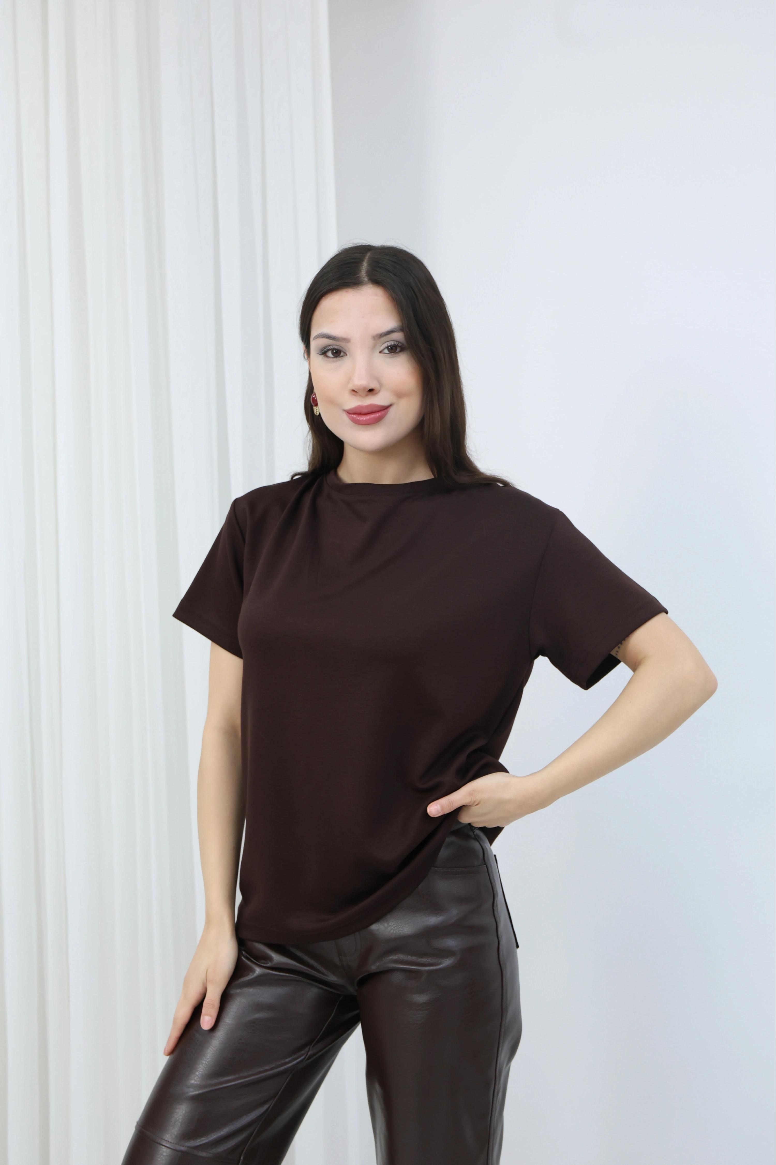 SIRT DANTEL DETAY MODAL BLUZ -KAHVE