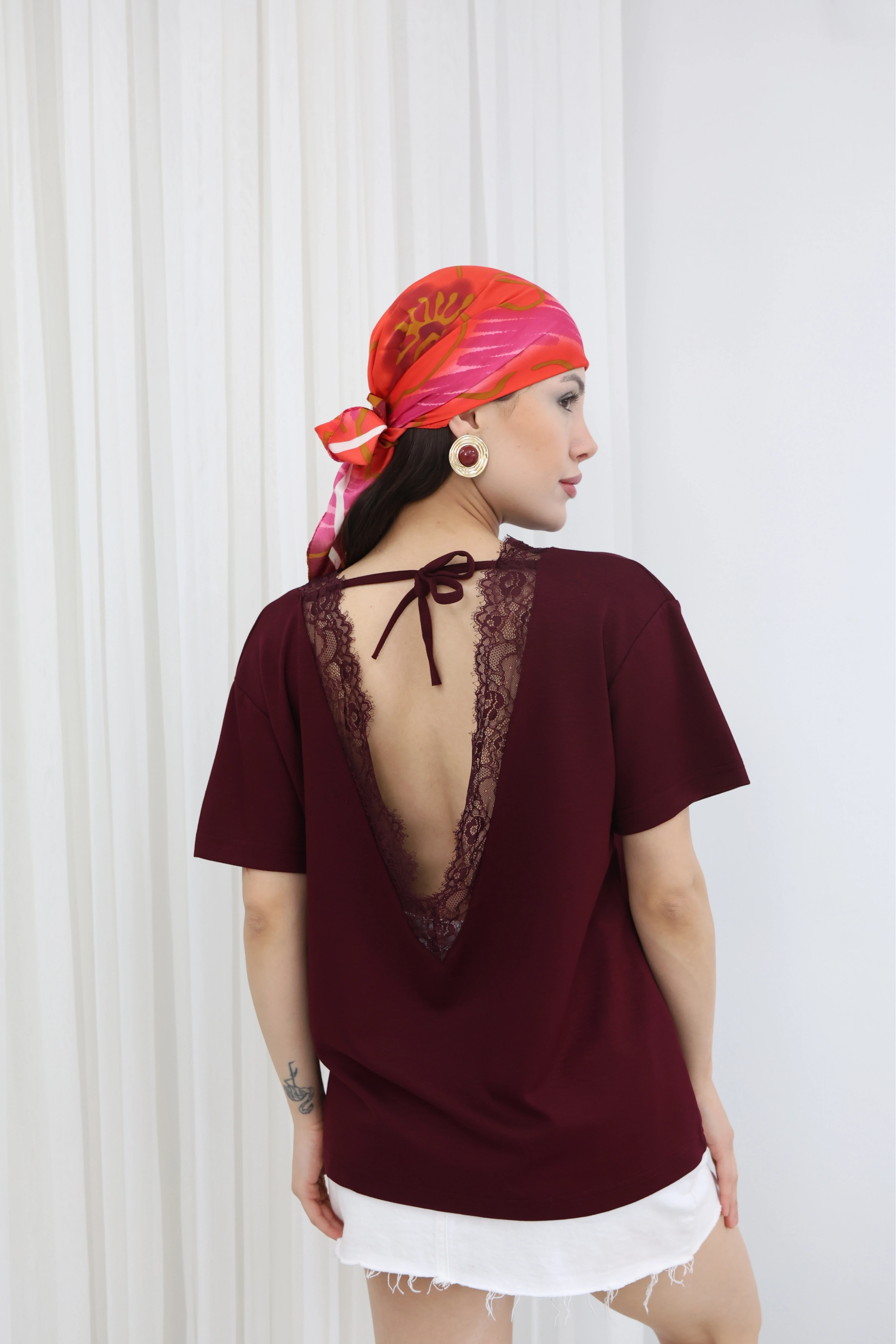 SIRT DANTEL DETAY MODAL BLUZ - BORDO