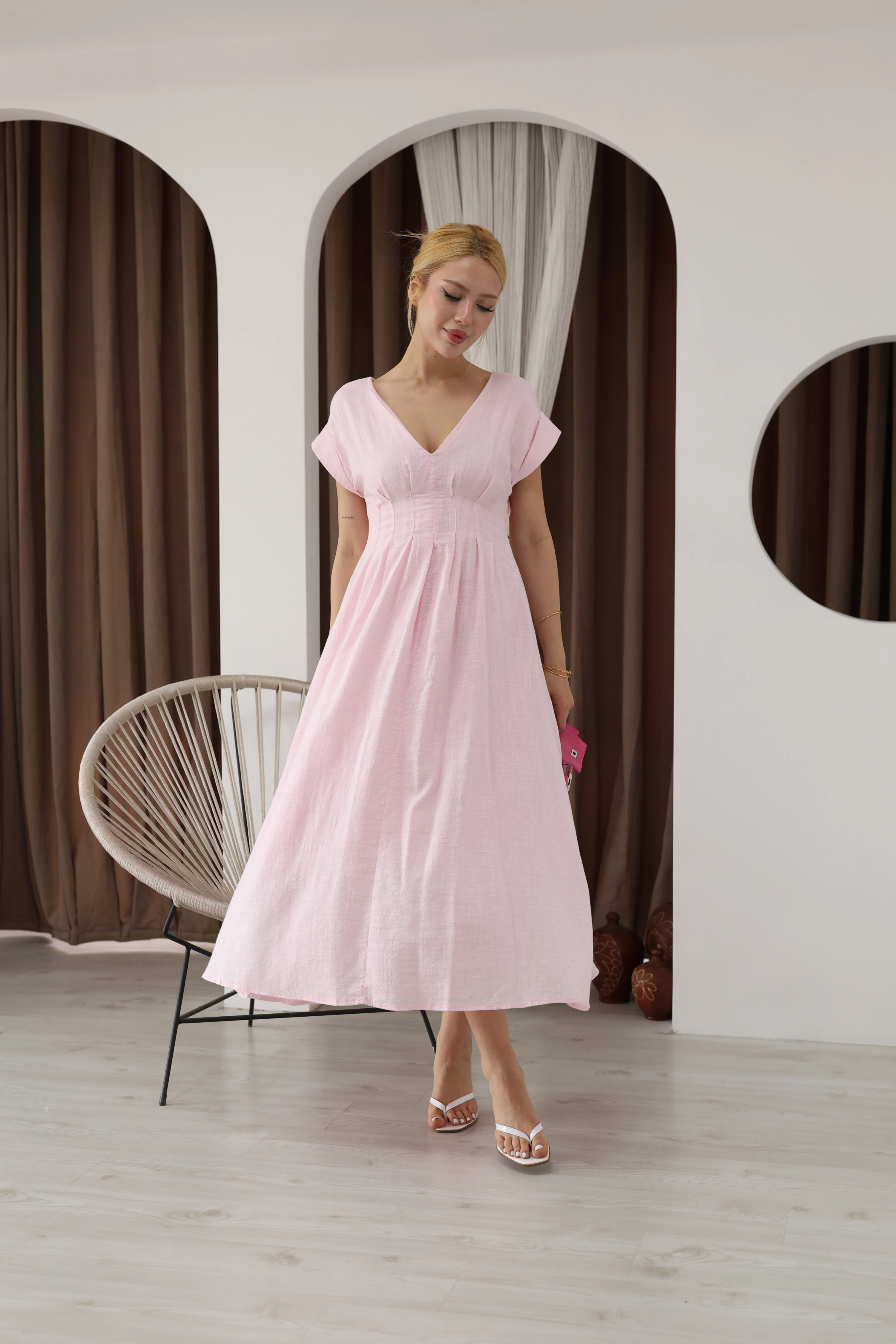 YENİ SEZON ASTARLI DETAY ELBİSE-PEMBE