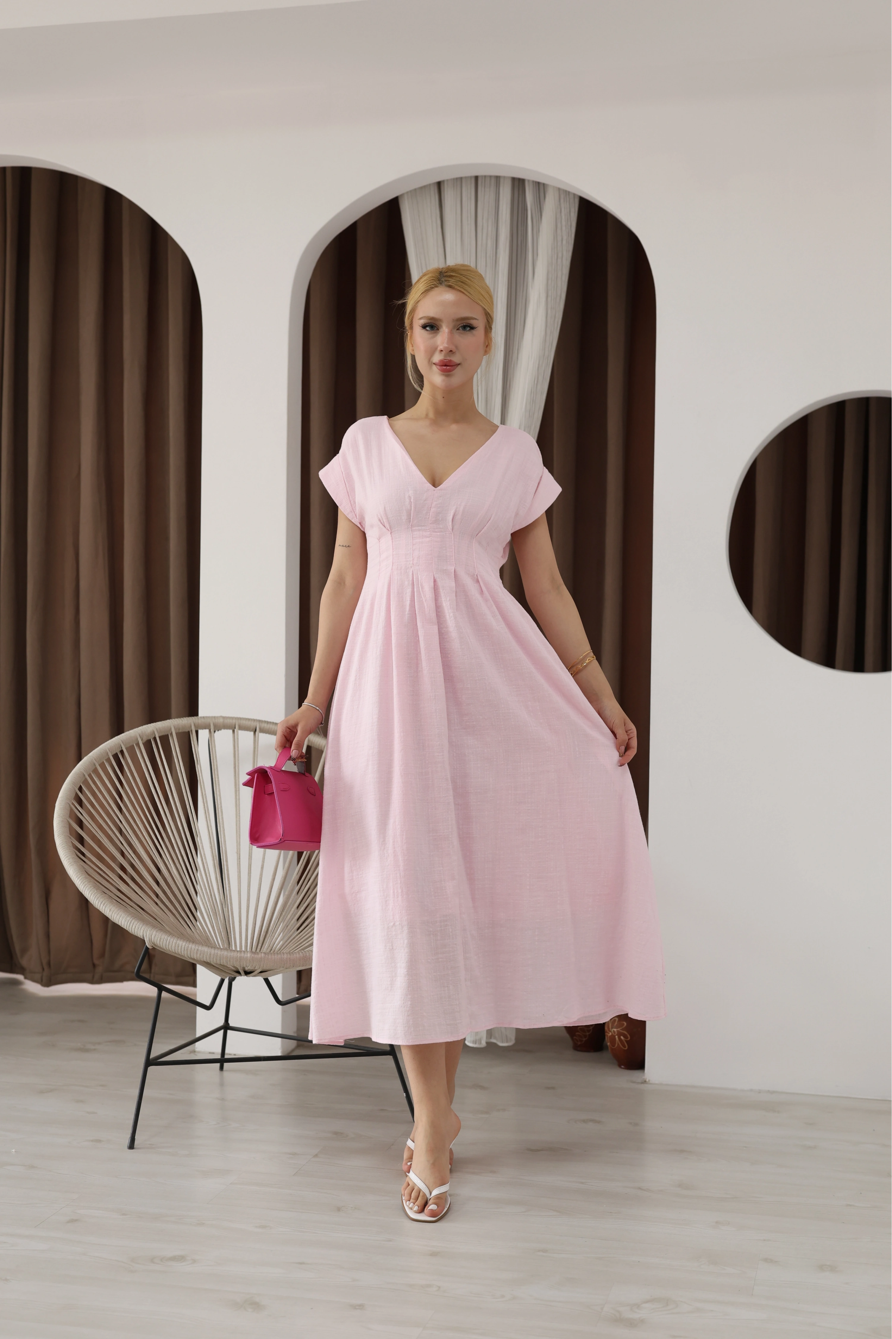 YENİ SEZON ASTARLI DETAY ELBİSE-PEMBE