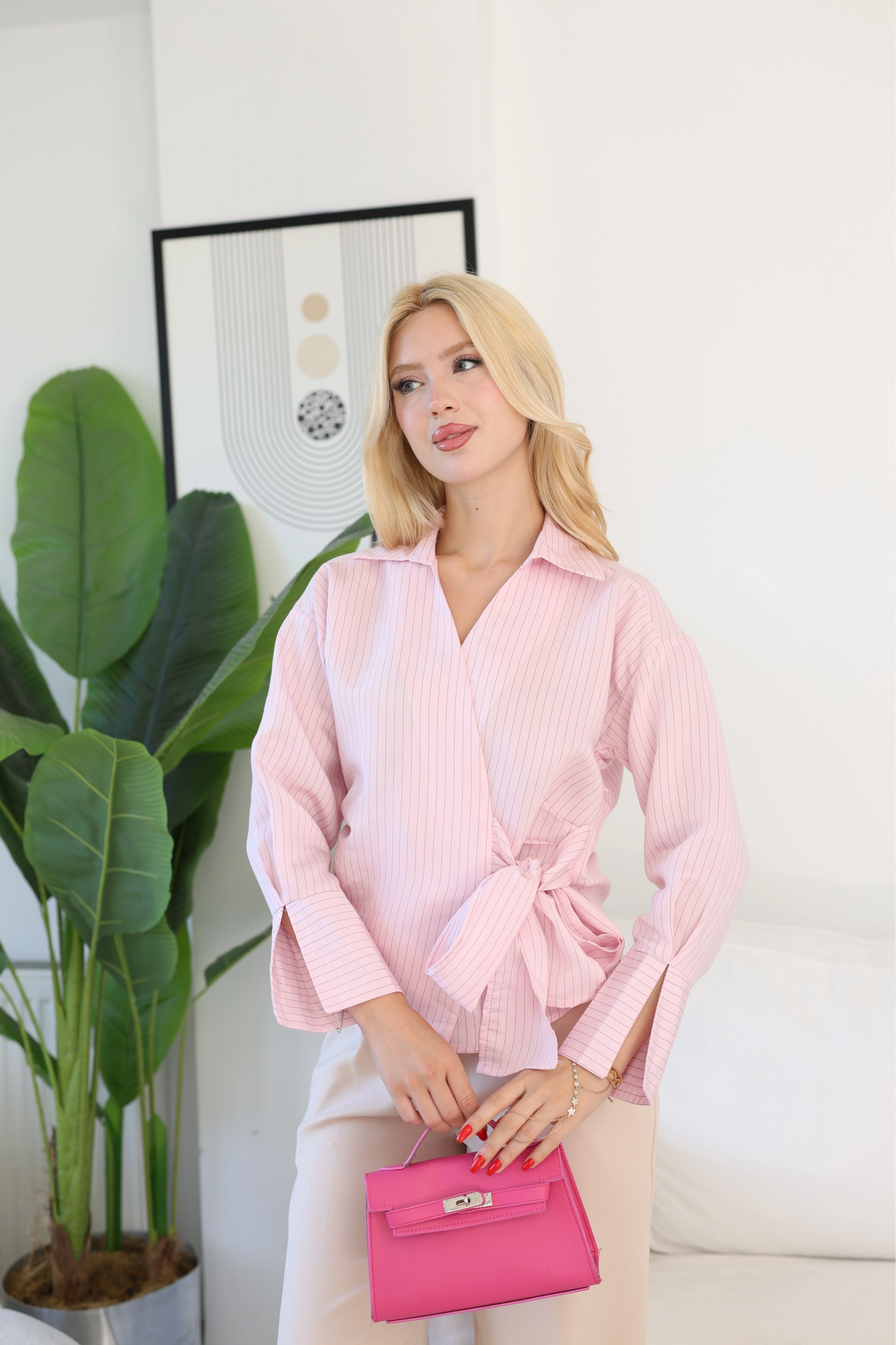 BAĞLAMALI POPLİN GÖMLEK -PEMBE