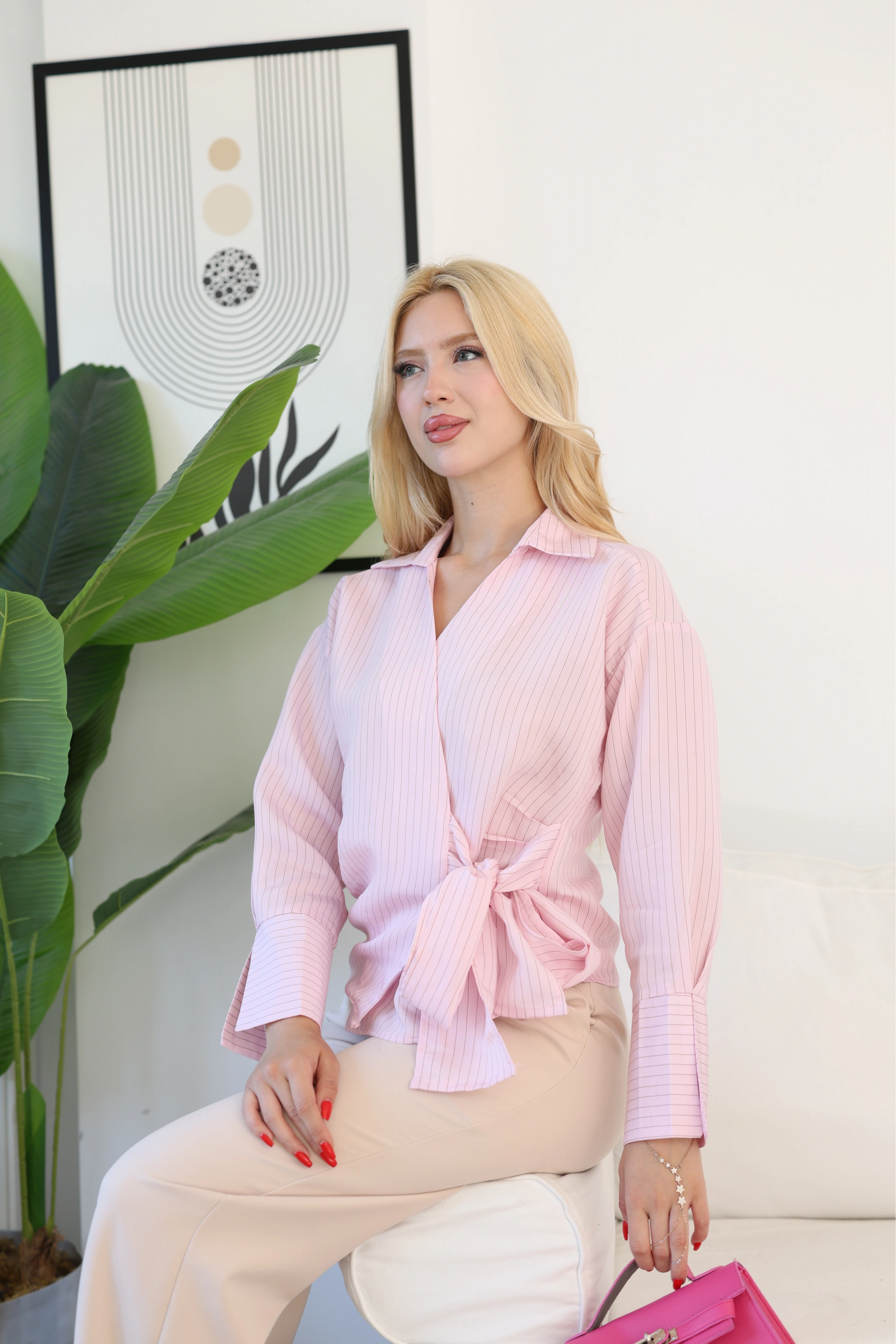 BAĞLAMALI POPLİN GÖMLEK -PEMBE