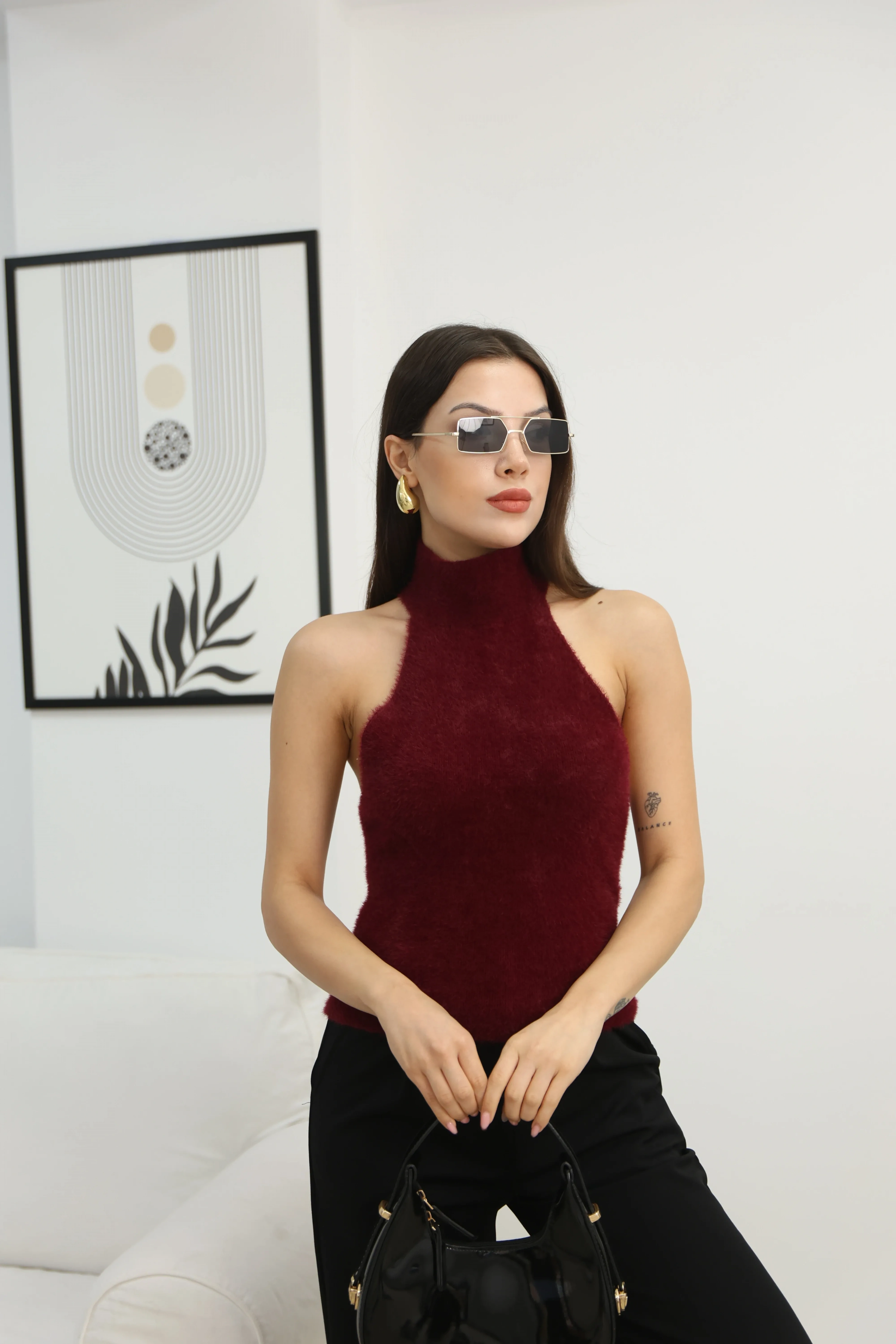 HALTER YAKA PELUŞ CROP KAZAK BORDO