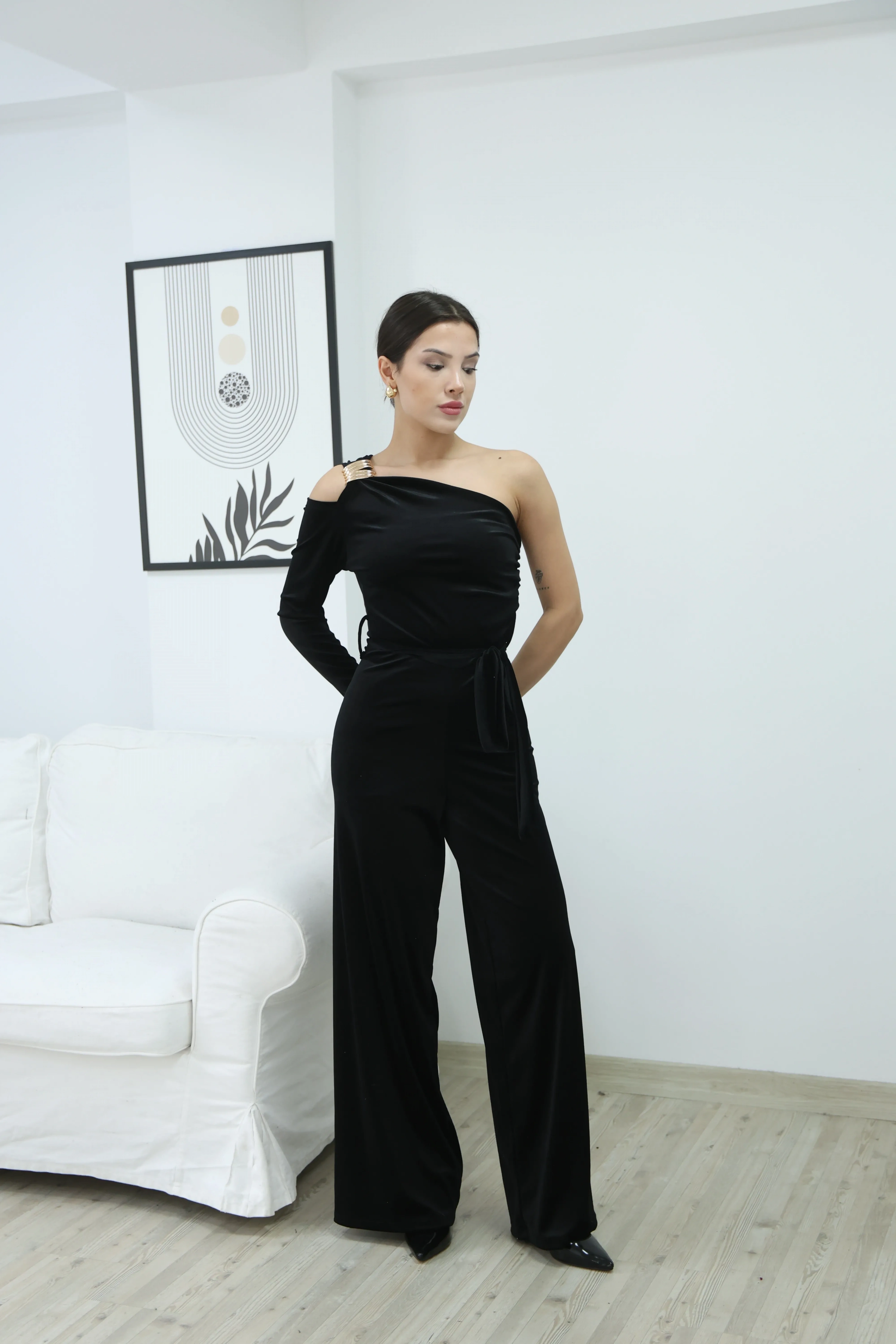 KADİFE PARLAK TEK OMUZ TULUM- SİYAH