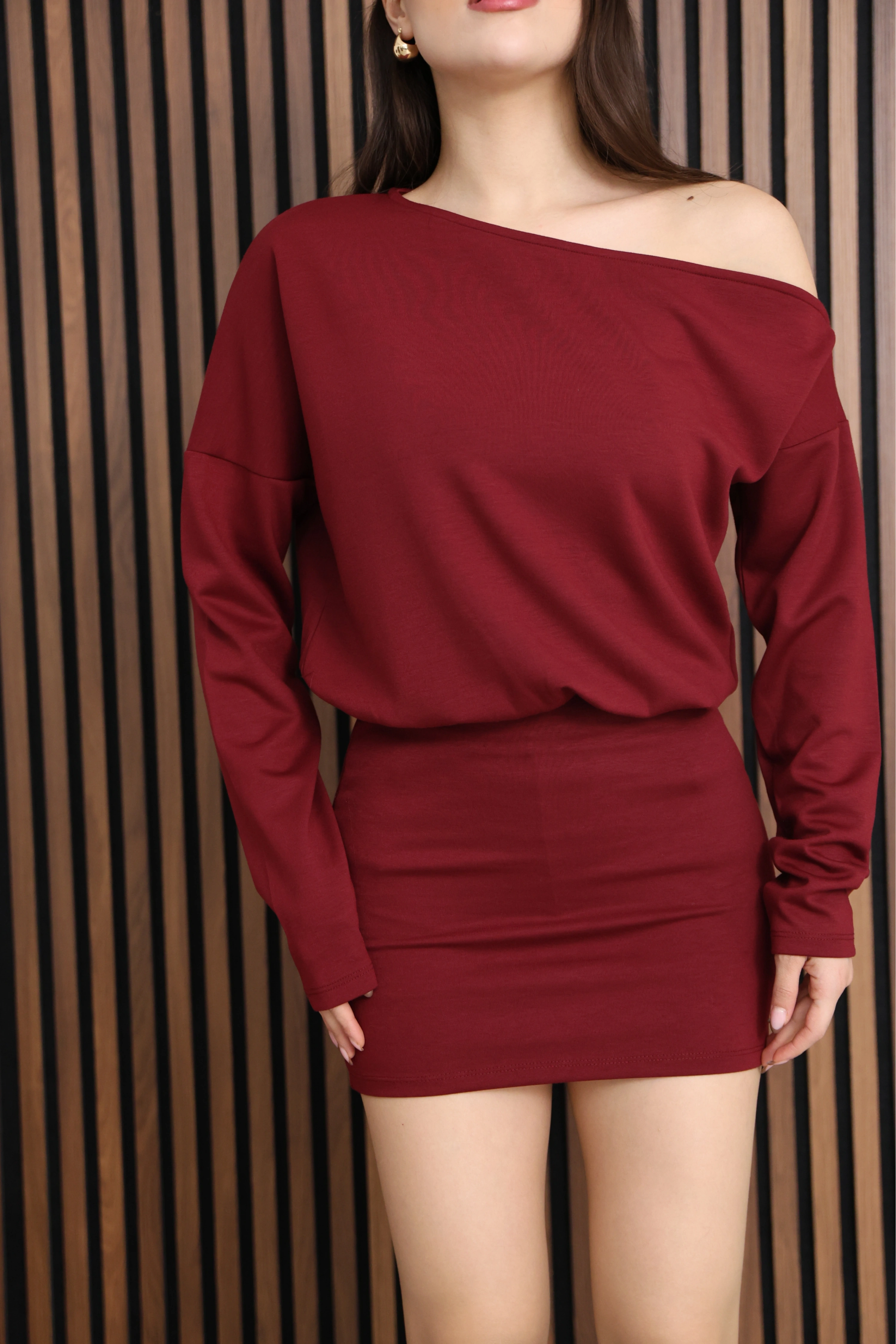 OMUZ DETAYLI MİNİ ELBİSE- BORDO