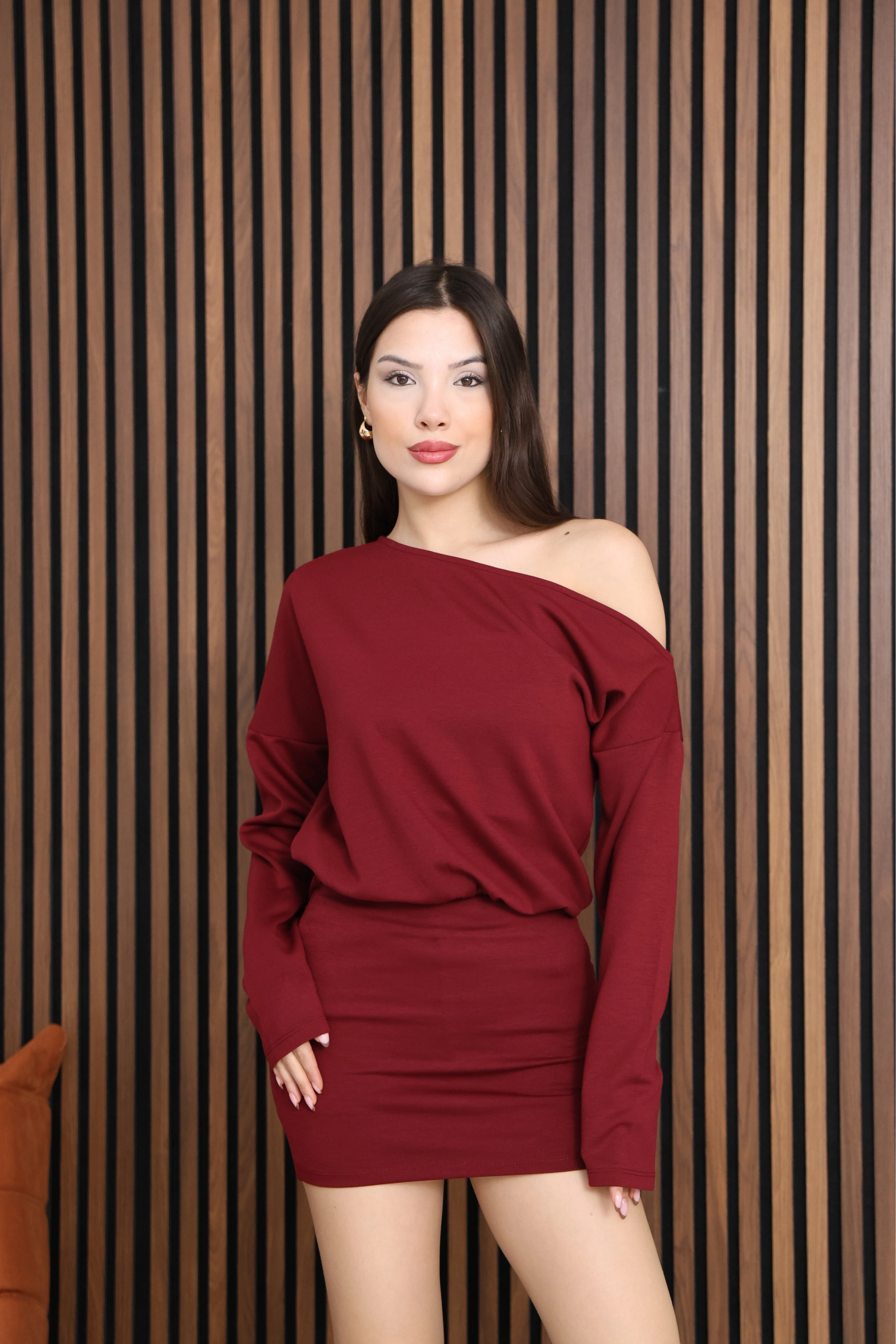 OMUZ DETAYLI MİNİ ELBİSE- BORDO