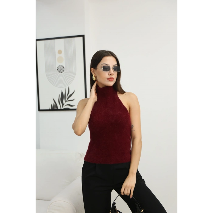 HALTER YAKA PELUŞ CROP KAZAK BORDO