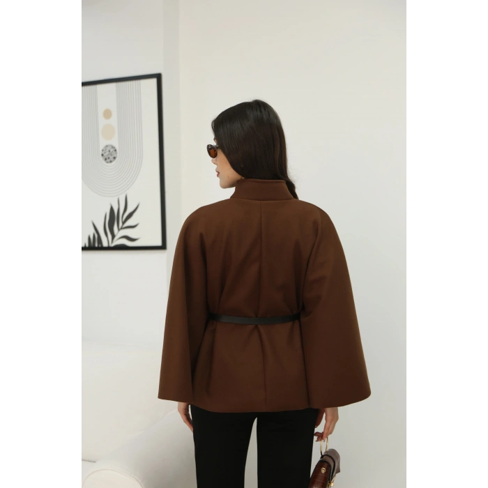 KEMERLİ KAŞE PELERİN- KAHVERENGİ