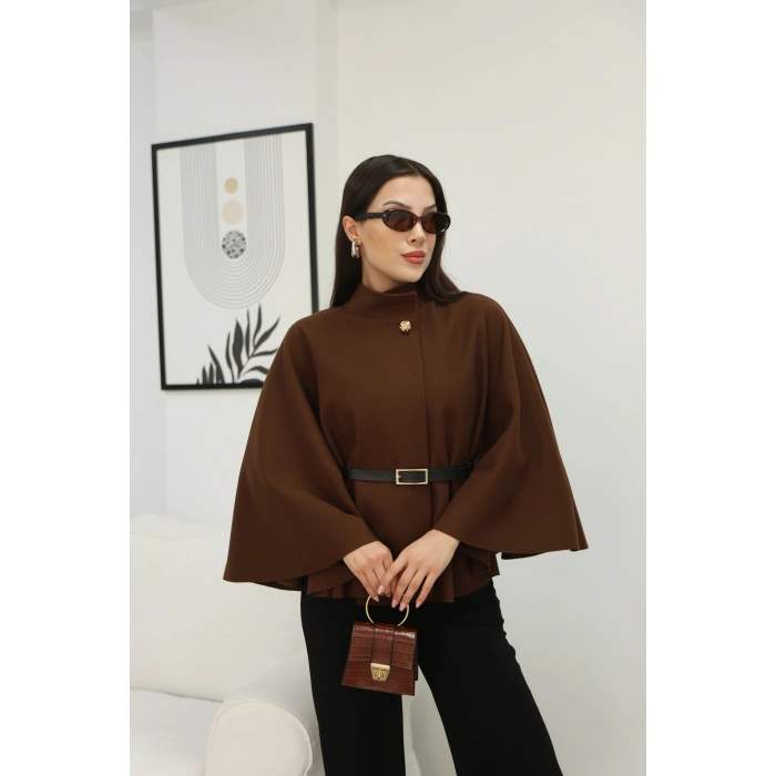 KEMERLİ KAŞE PELERİN- KAHVERENGİ