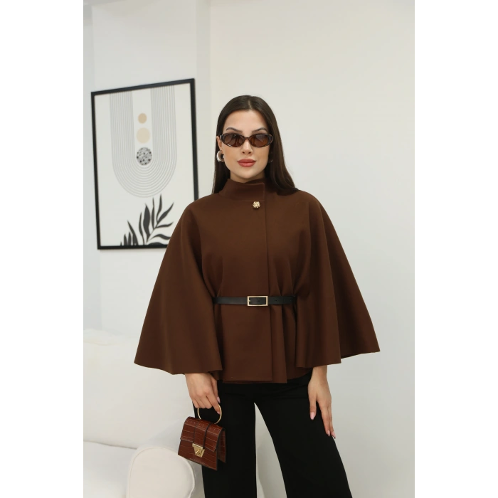 KEMERLİ KAŞE PELERİN- KAHVERENGİ