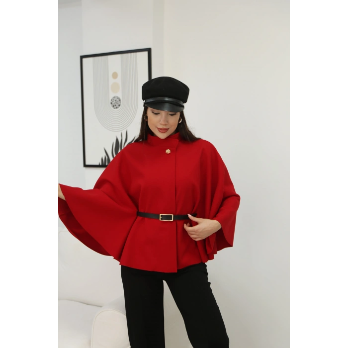 KEMERLİ KAŞE PELERİN- KIRMIZI