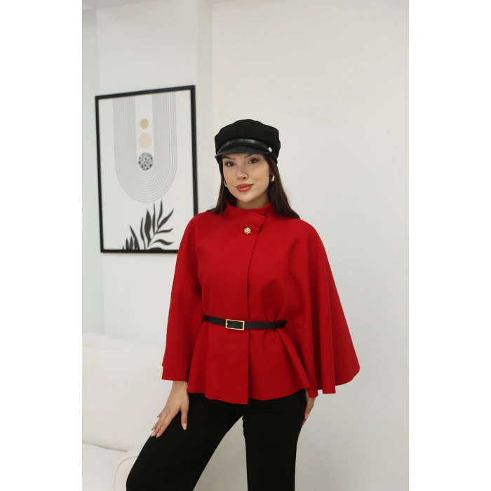 KEMERLİ KAŞE PELERİN- KIRMIZI