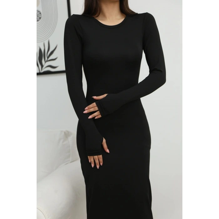 PARMAK GEÇİRMELİ ELBİSE-SİYAH