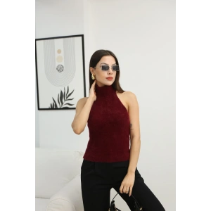 HALTER YAKA PELUŞ CROP KAZAK BORDO