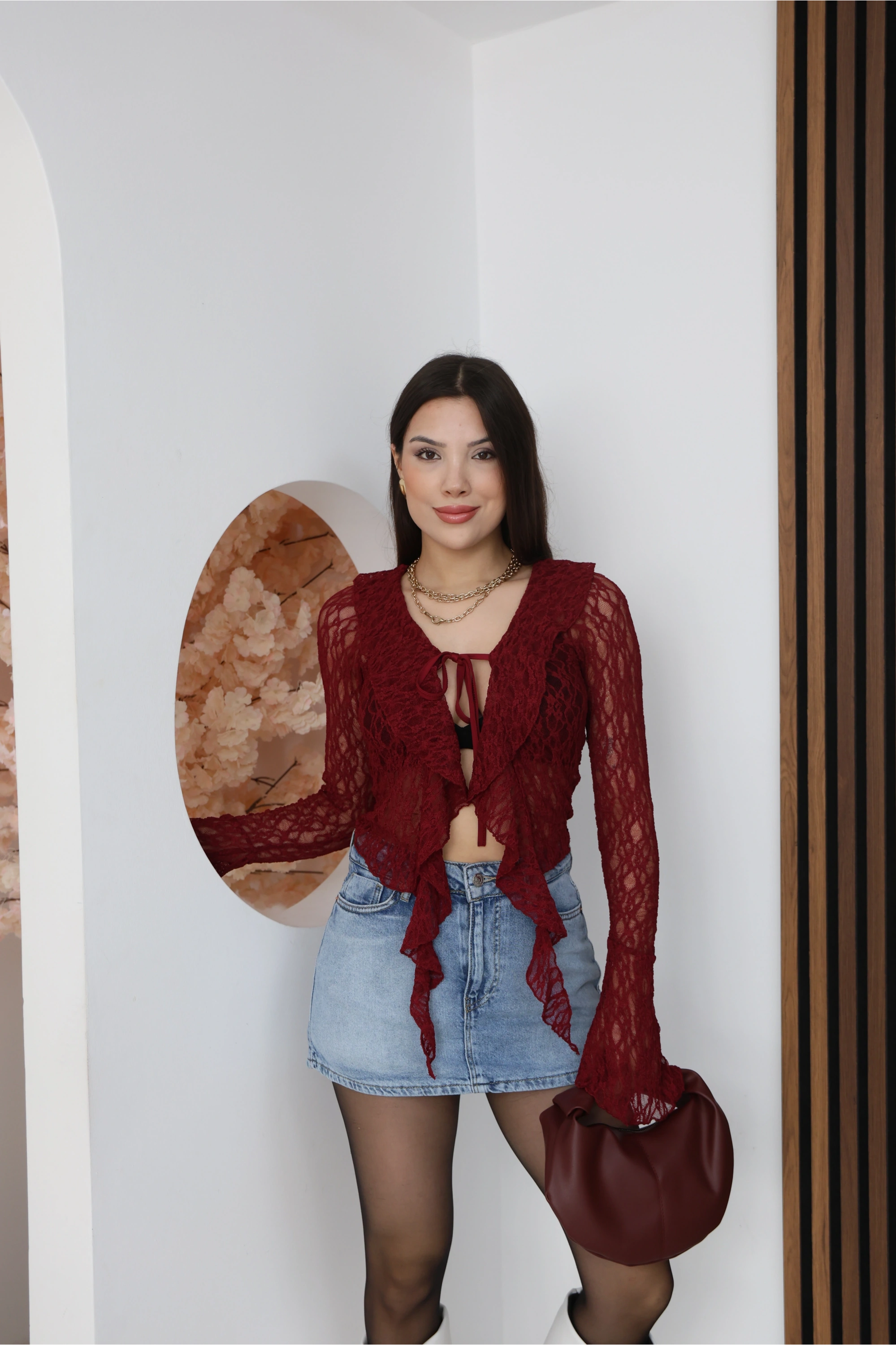 ÖNÜ BAGLAMALI TRANSPARAN BLUZ-BORDO