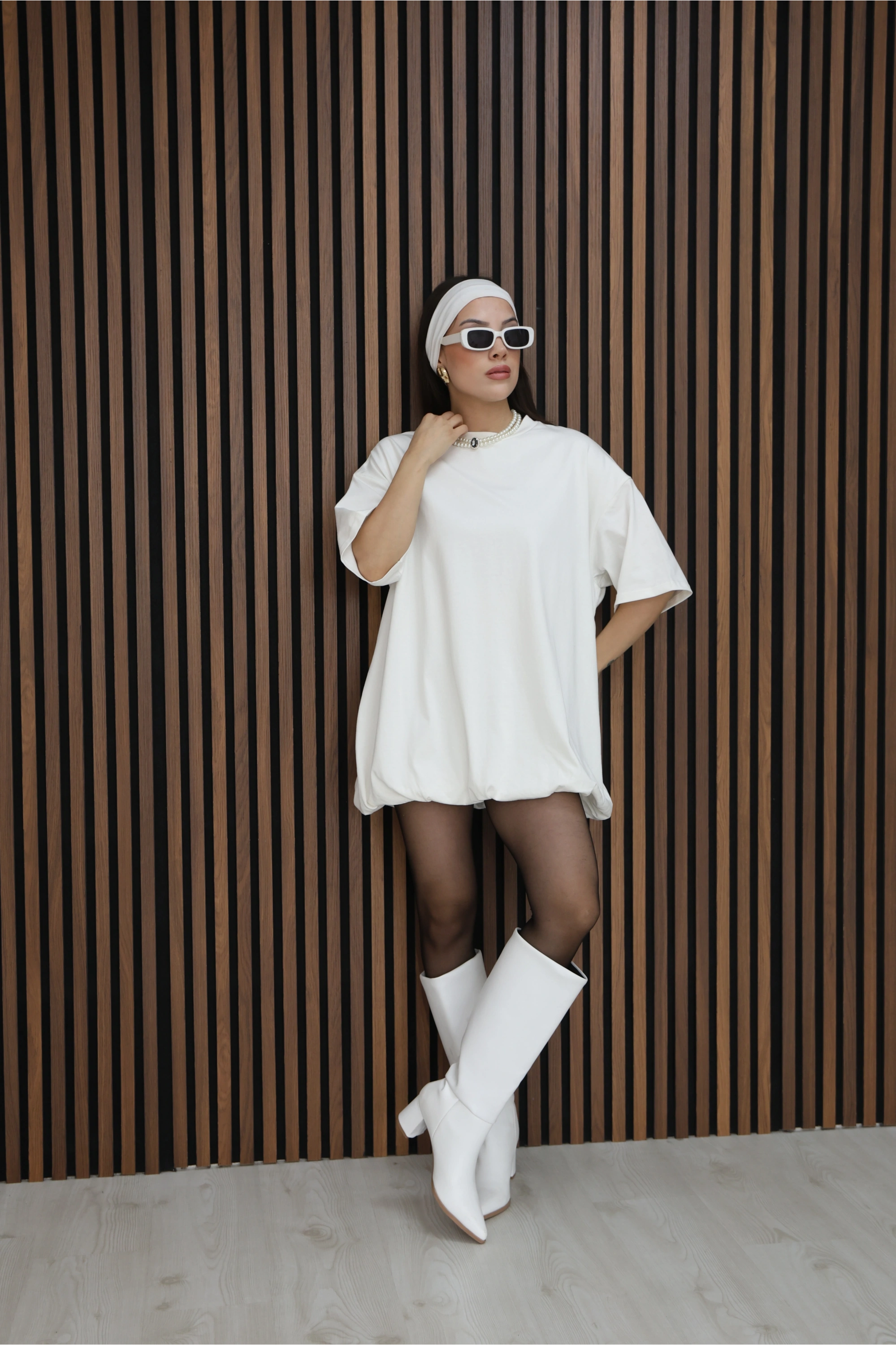 BASİC SALAS KESİM ELBİSE GÖRÜNÜMLÜ TUNİK-BEYAZ