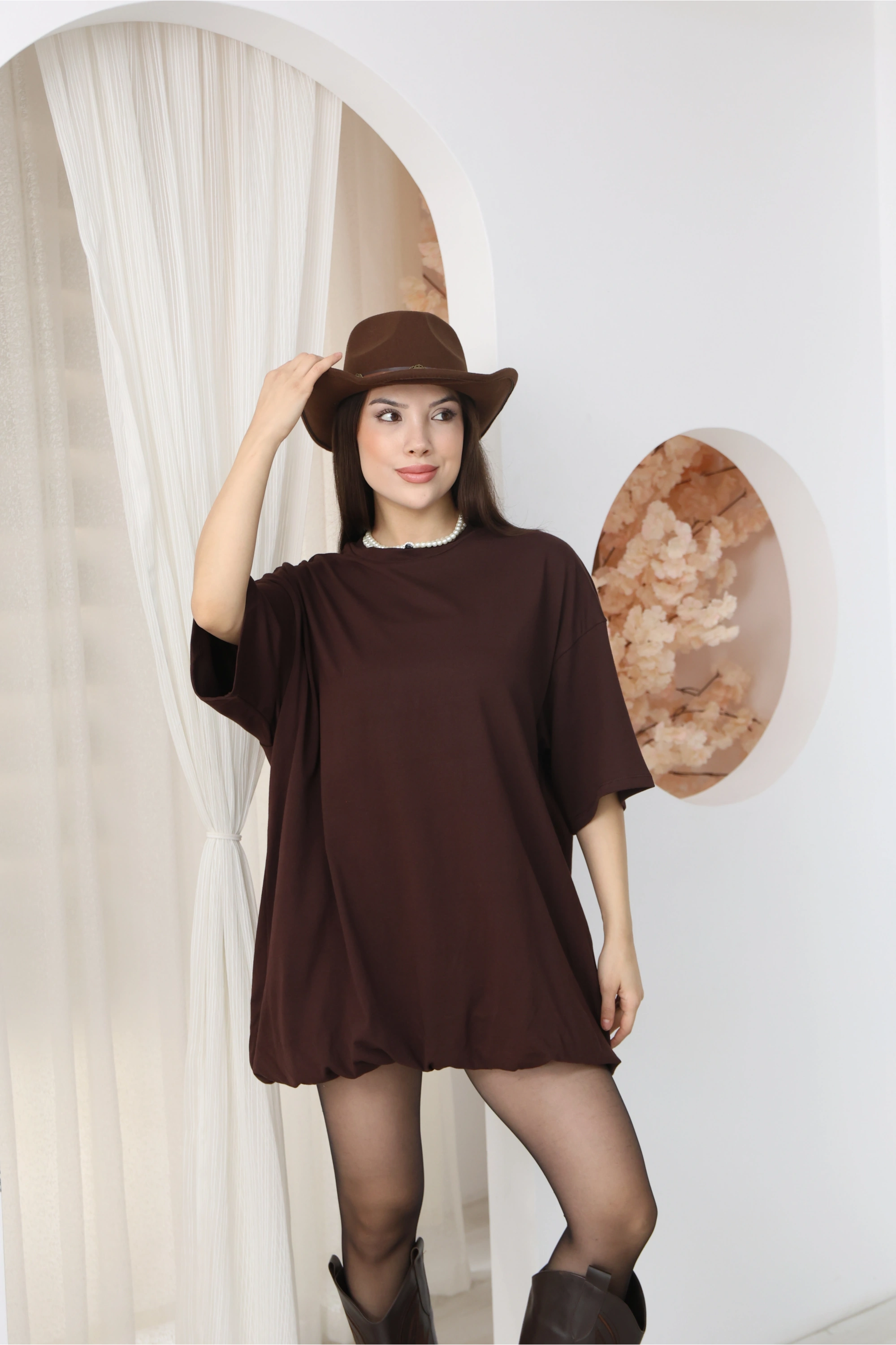 BASİC SALAS KESİM ELBİSE GÖRÜNÜMLÜ TUNİK-KAHVE