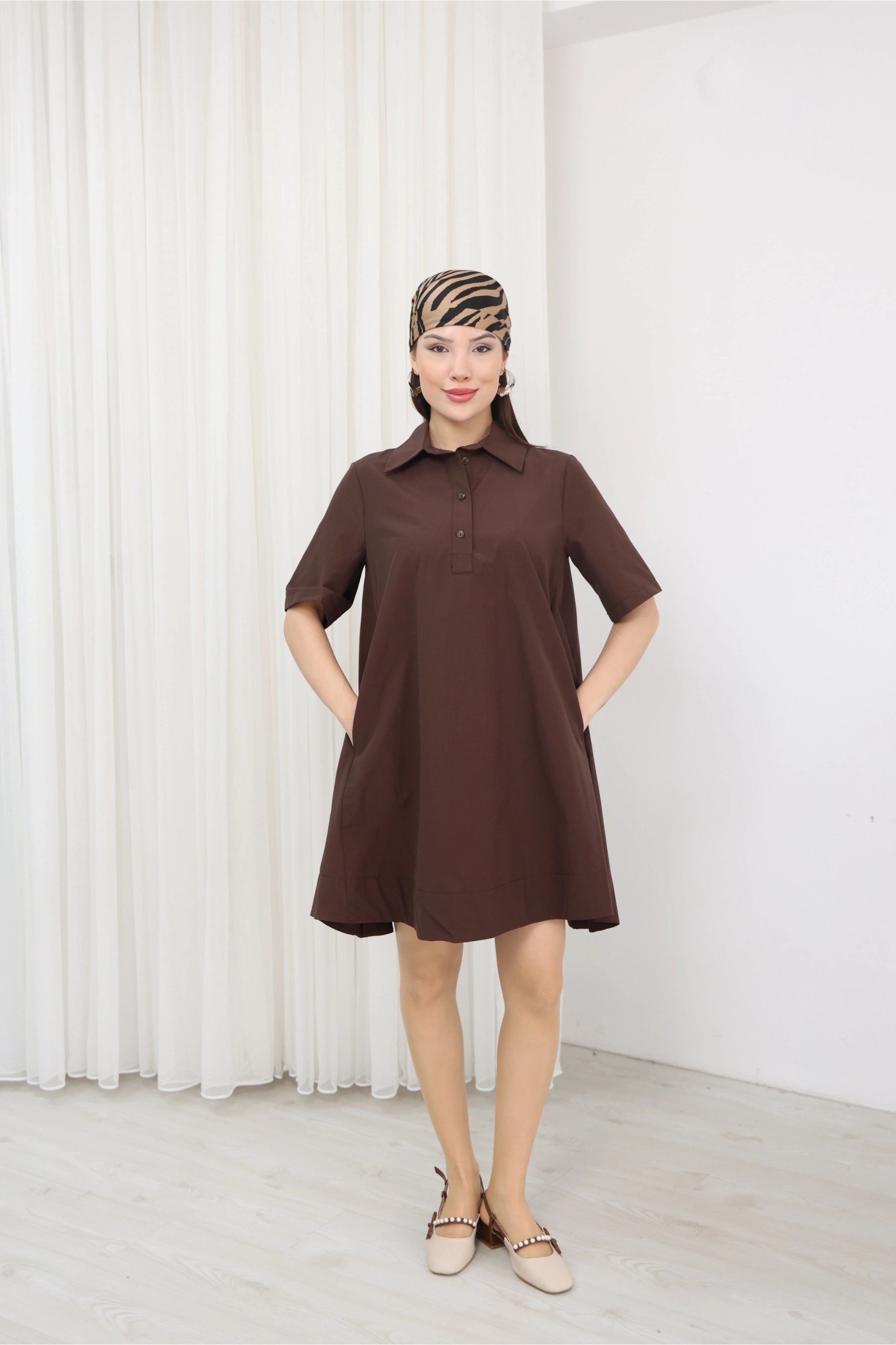 GÖMLEK YAKA ELBİSE - KAHVE
