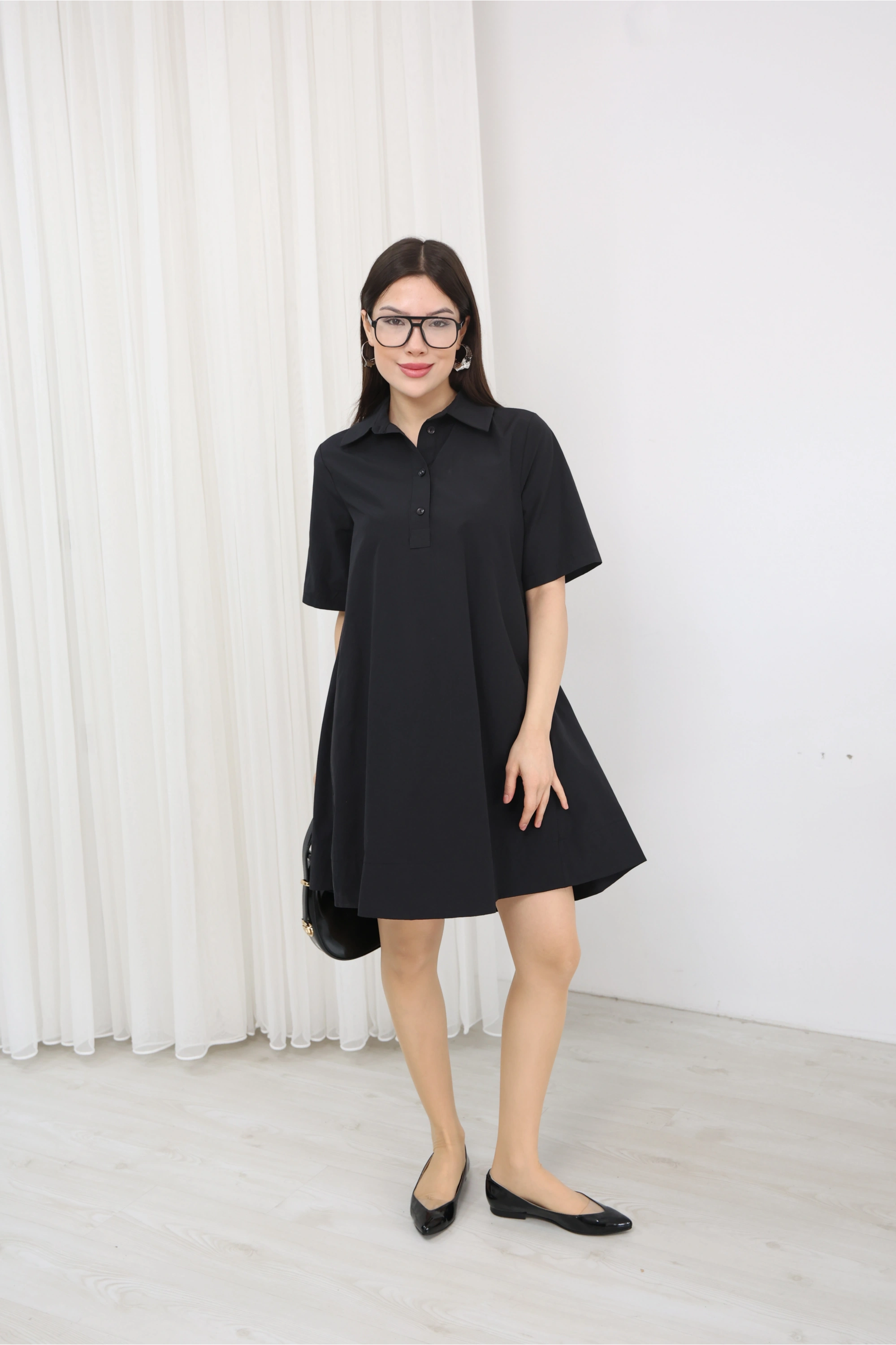 GÖMLEK YAKA ELBİSE - SİYAH