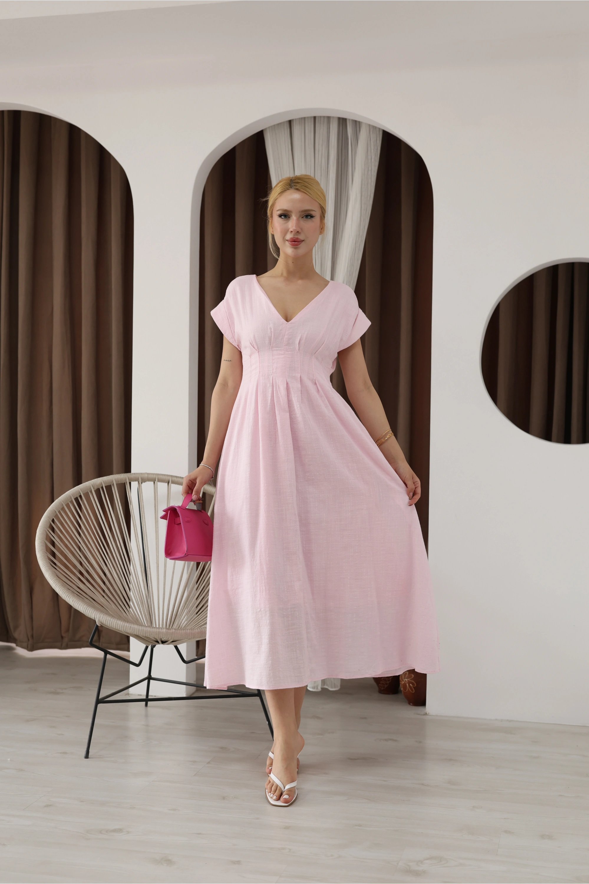 YENİ SEZON ASTARLI DETAY ELBİSE-PEMBE