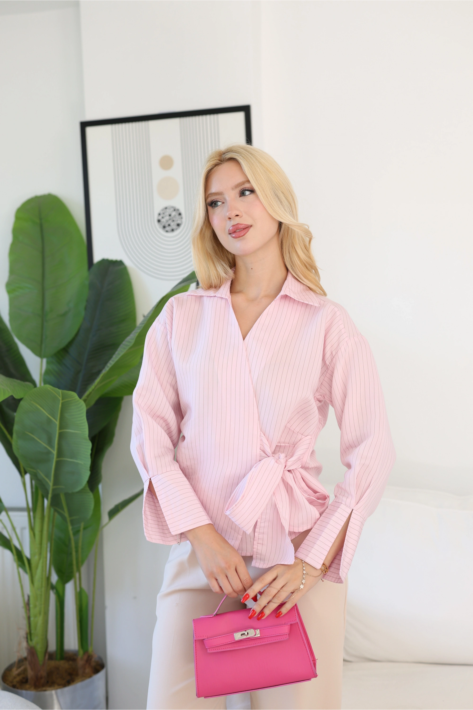 BAĞLAMALI POPLİN GÖMLEK -PEMBE