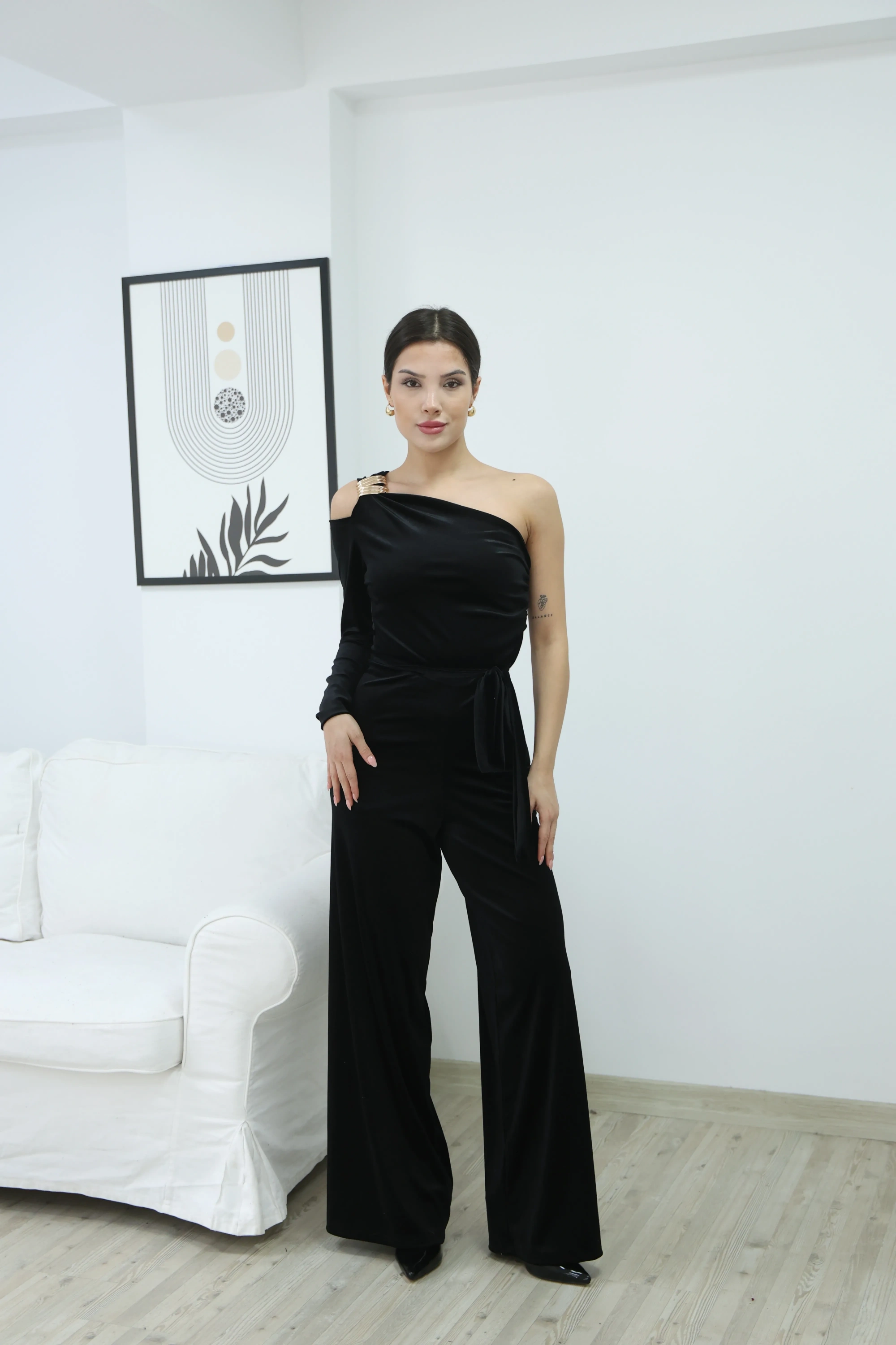 KADİFE PARLAK TEK OMUZ TULUM- SİYAH