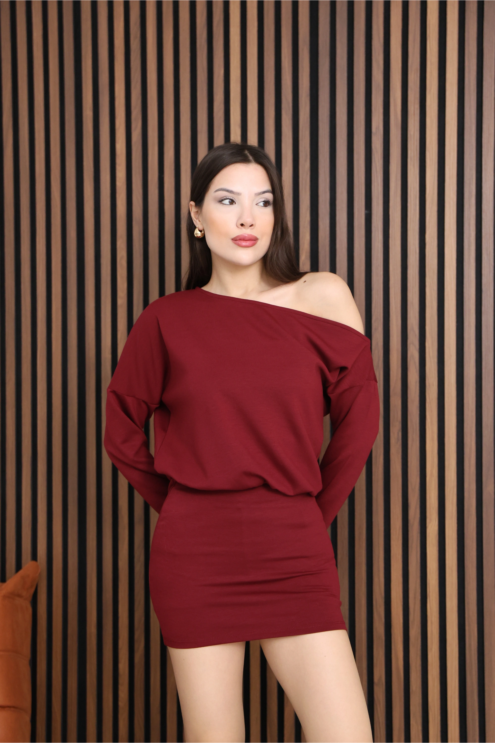 OMUZ DETAYLI MİNİ ELBİSE- BORDO