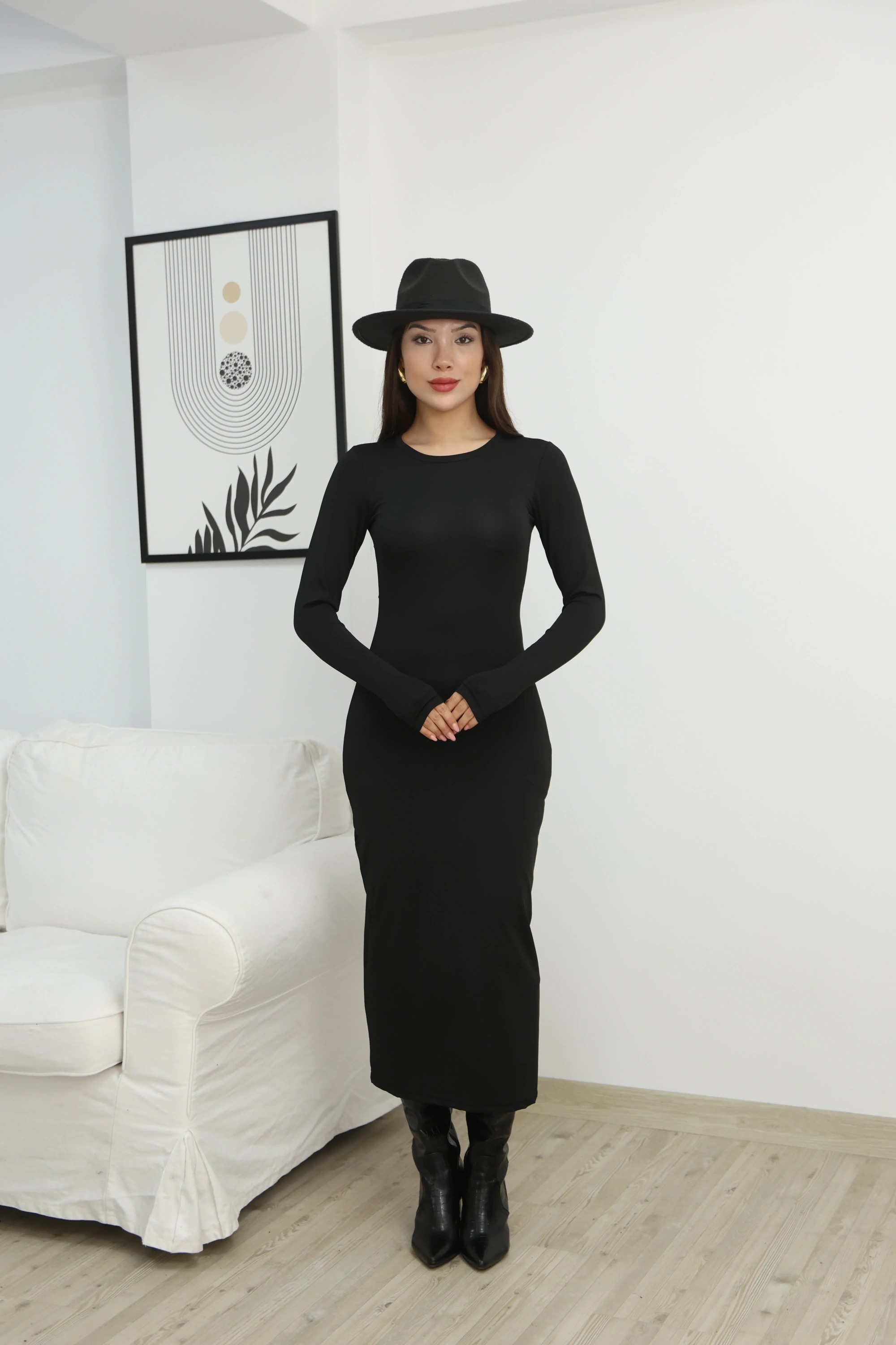 PARMAK GEÇİRMELİ ELBİSE-SİYAH