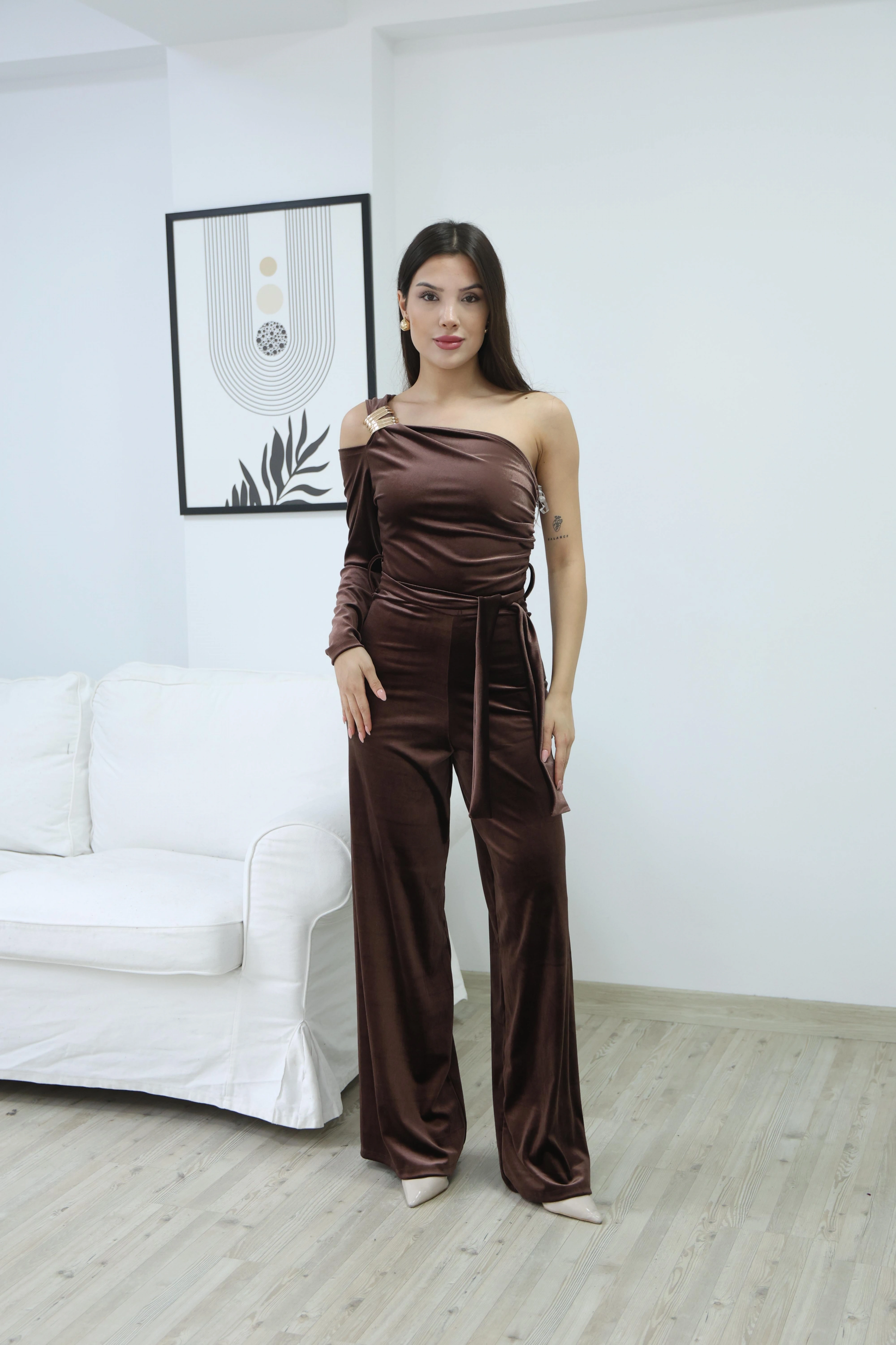 KADİFE PARLAK TEK OMUZ TULUM- KAHVE