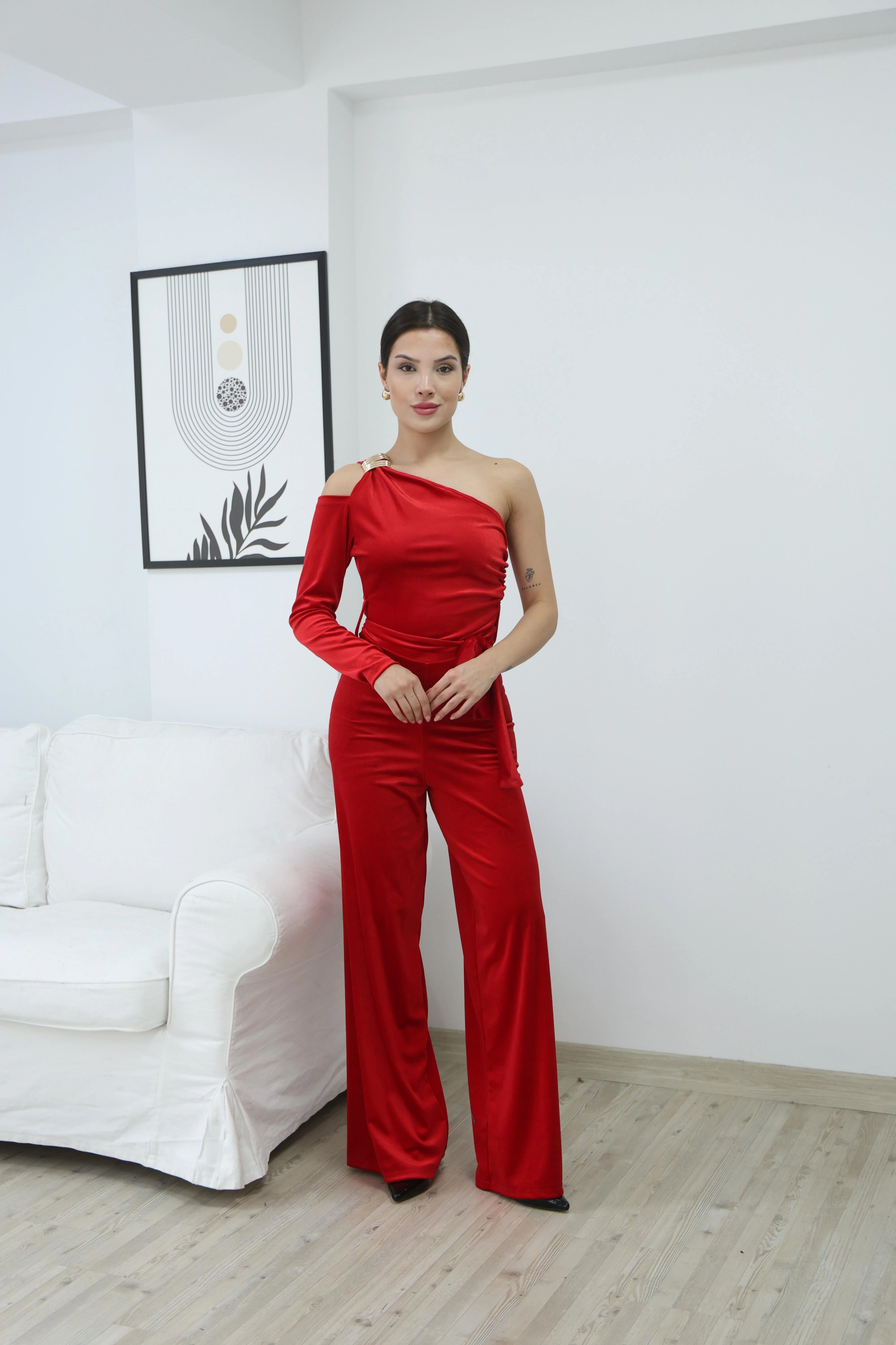 KADİFE PARLAK TEK OMUZ TULUM- KIRMIZI