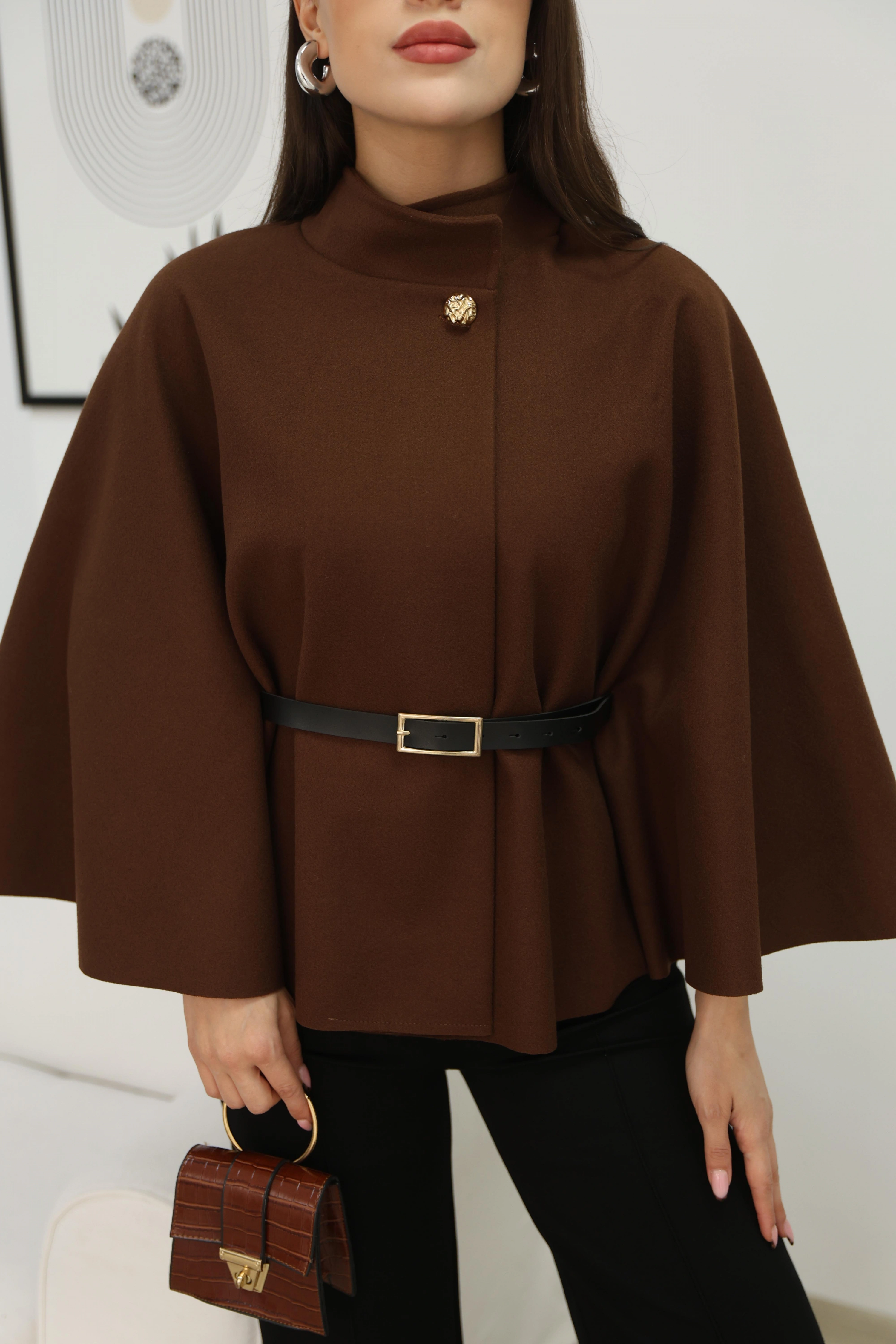 KEMERLİ KAŞE PELERİN- KAHVERENGİ