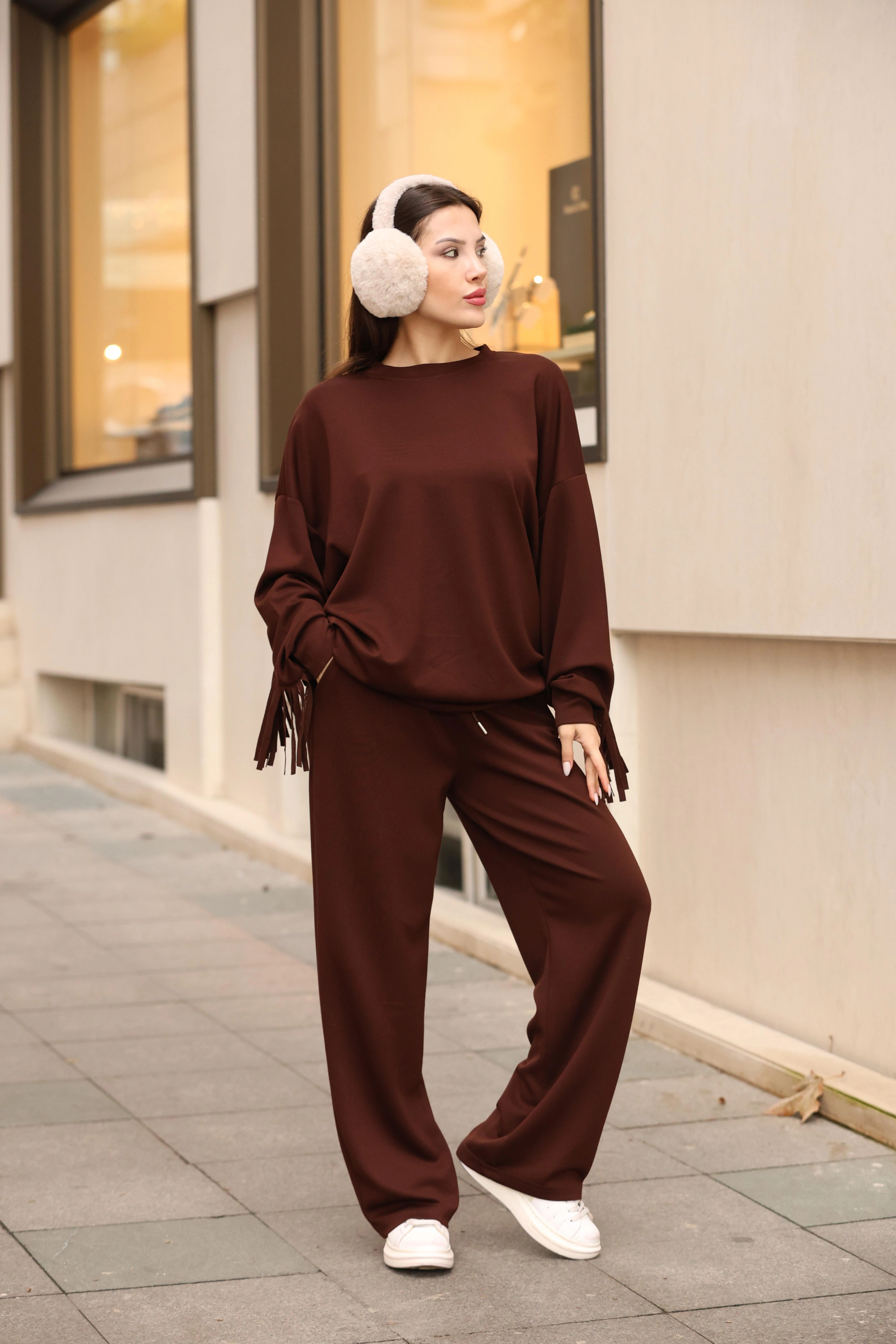 MODAL KUMAŞ SALAŞ EŞOFMAN TAKIM- KAHVERENGİ