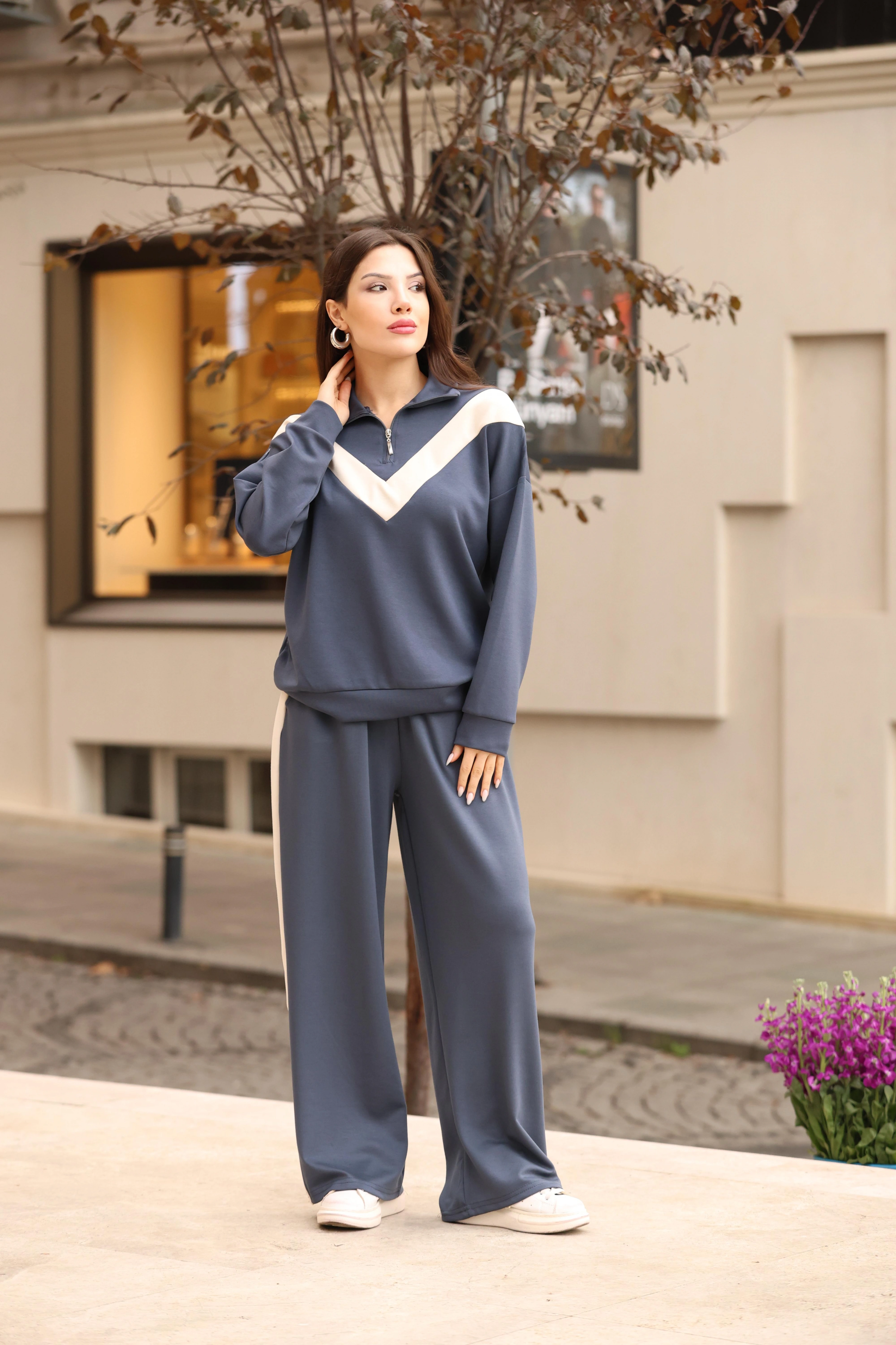 V DETAY SALAŞ EŞOFMAN TAKIM- GRİ