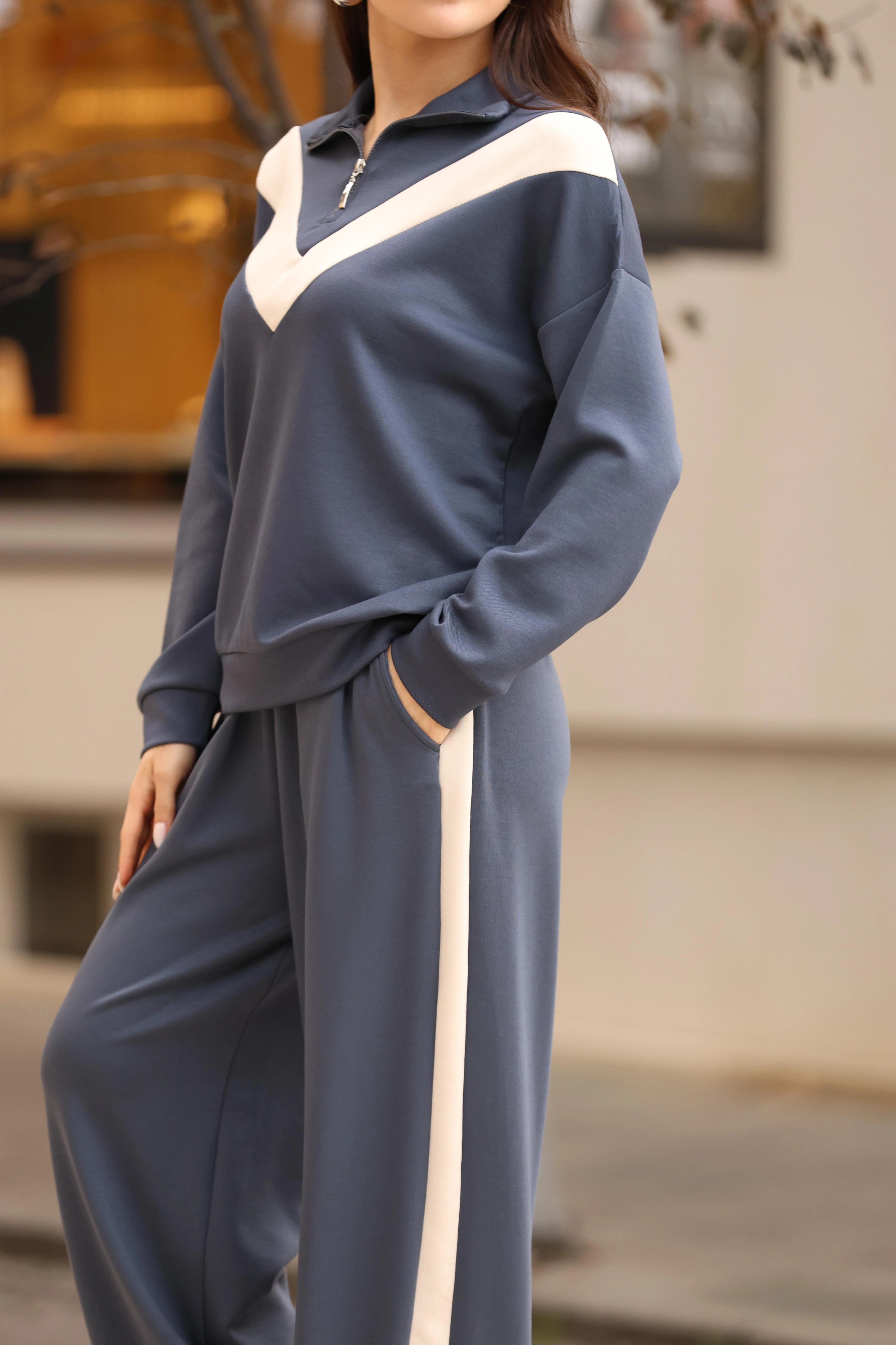 V DETAY SALAŞ EŞOFMAN TAKIM- GRİ