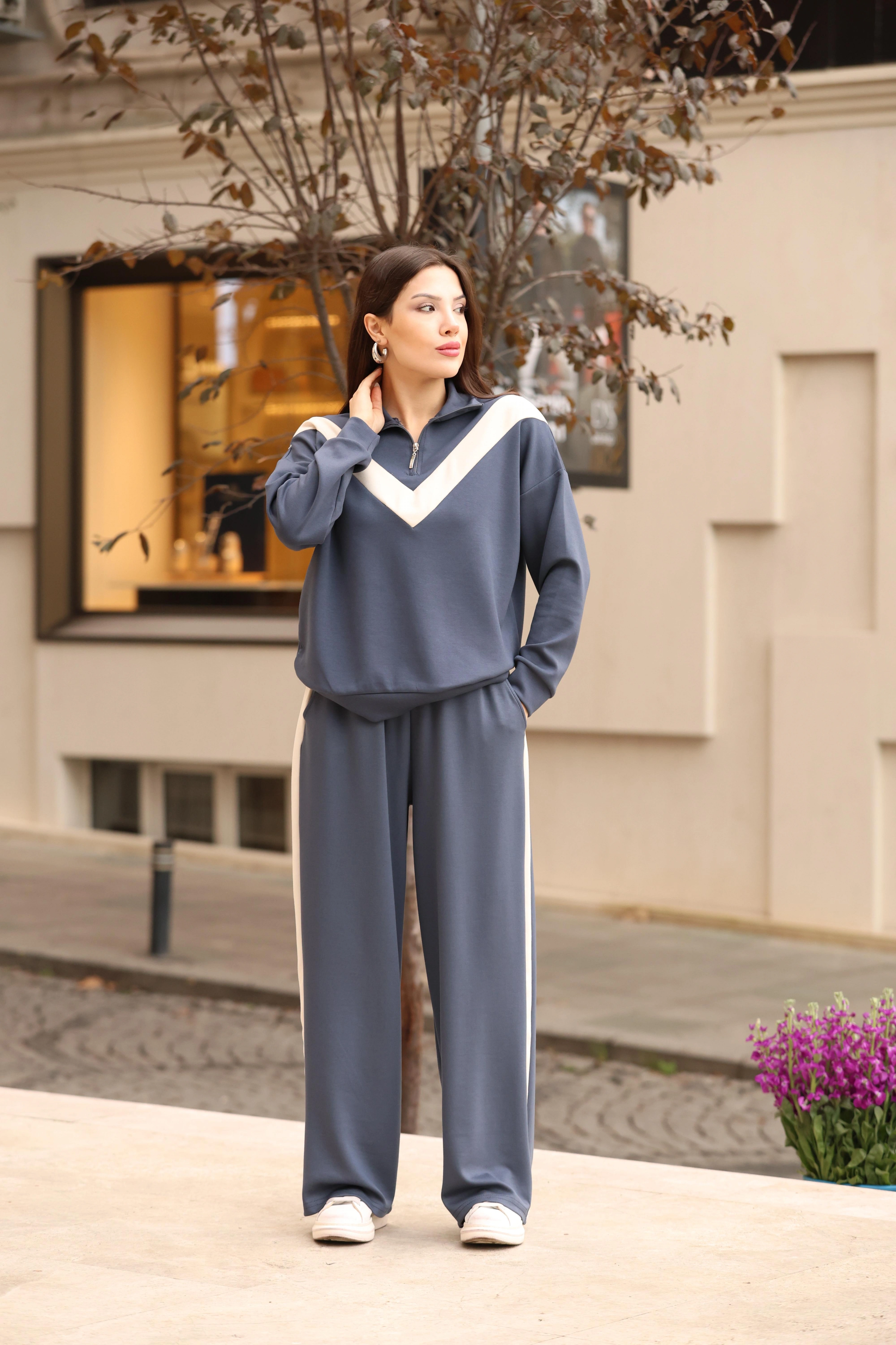 V DETAY SALAŞ EŞOFMAN TAKIM- GRİ