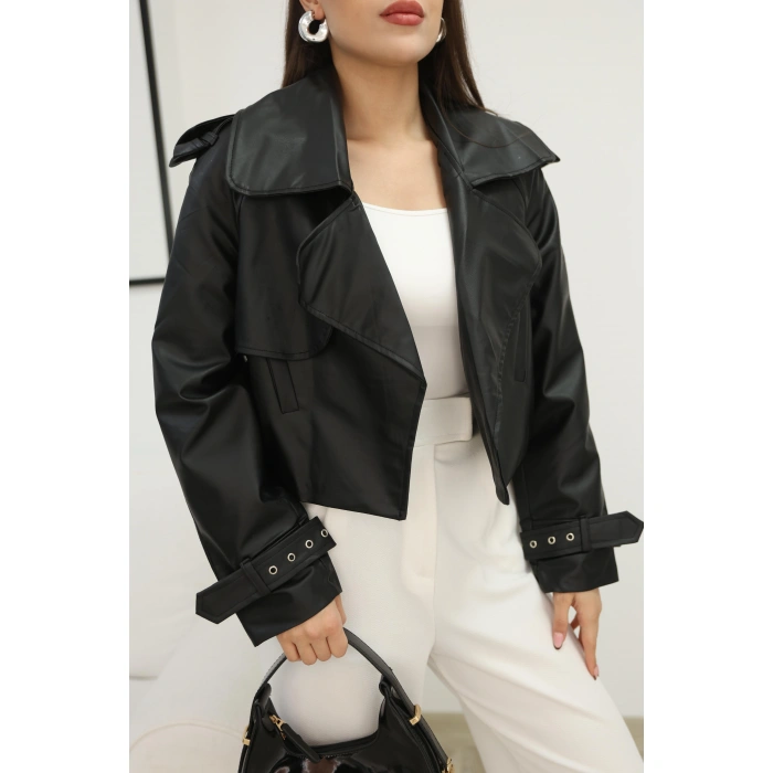 ASTARLI DERİ CEKET-SİYAH