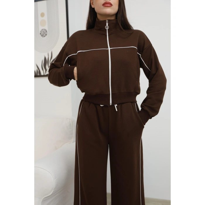 ÇİZGİ DETAY ESOFMAN TAKIM- KAHVERENGİ