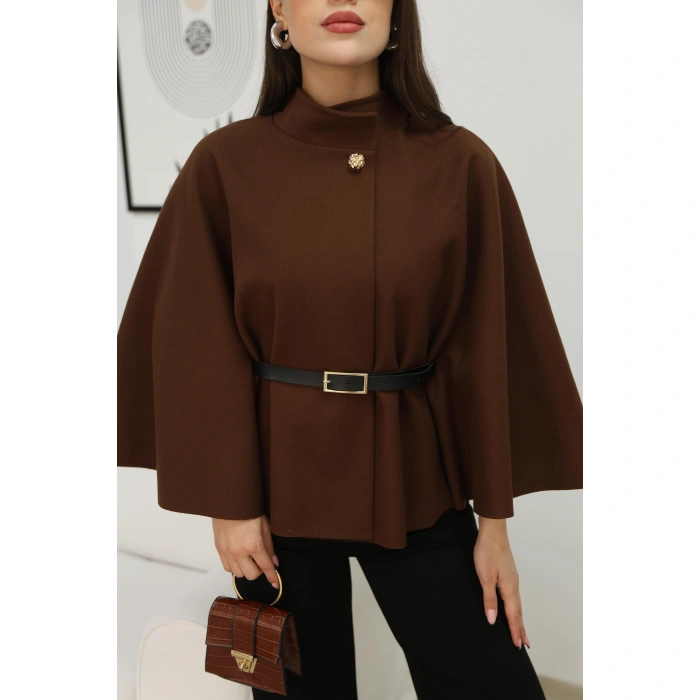 KEMERLİ KAŞE PELERİN- KAHVERENGİ