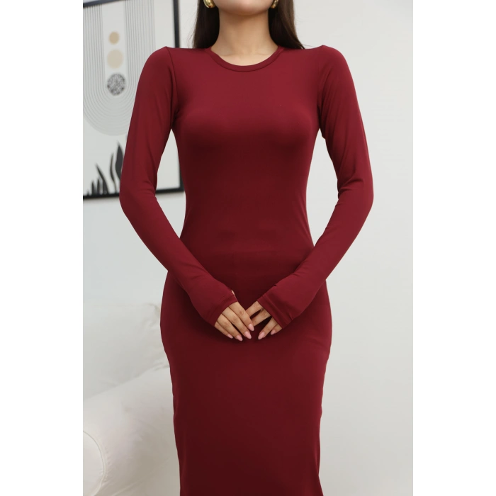 PARMAK GEÇİRMELİ ELBİSE-BORDO
