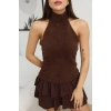 HALTER YAKA PELUŞ CROP-KAHVERENGI