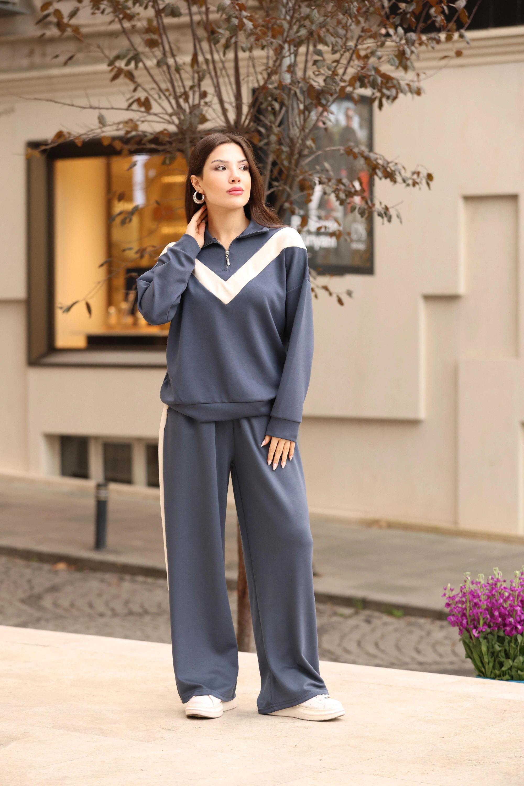 V DETAY SALAŞ EŞOFMAN TAKIM- GRİ