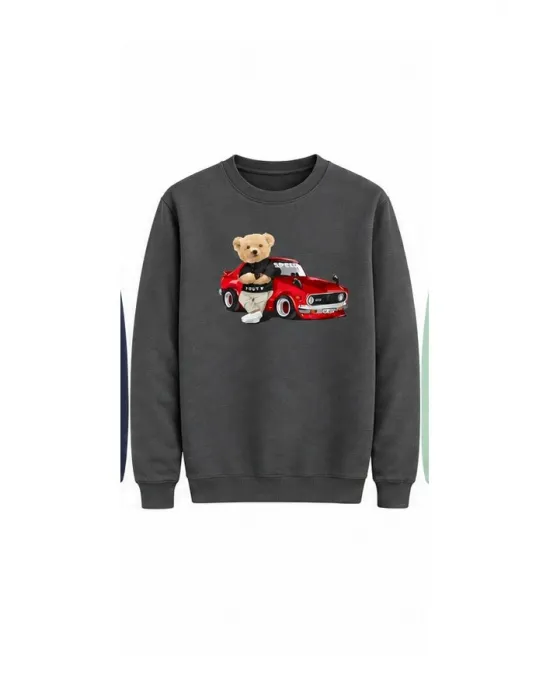 Mezatçı Dayı Arabalı Ayı Baskılı Uzun Kollu Sweatshirt