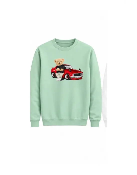 Mezatçı Dayı Arabalı Ayı Baskılı Uzun Kollu Sweatshirt