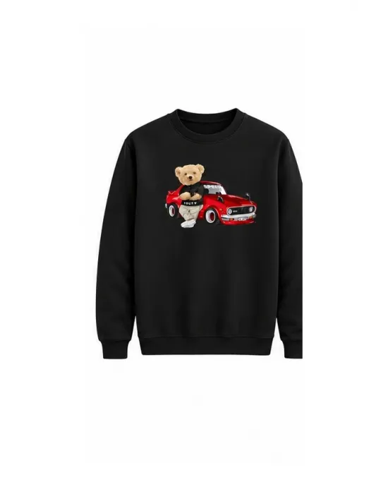 Mezatçı Dayı Arabalı Ayı Baskılı Uzun Kollu Sweatshirt