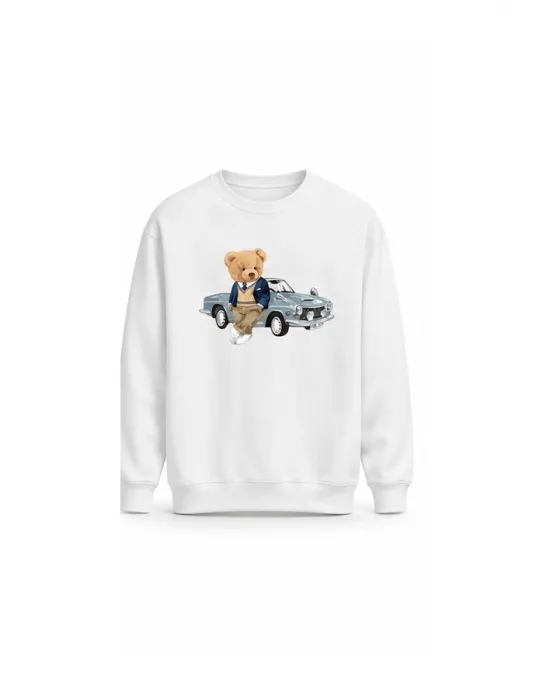 Mezatçı Dayı Ayı ve Araba Baskılı Uzun Kollu Sweatshirt