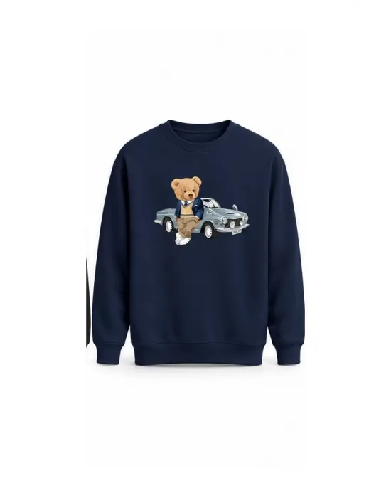 Mezatçı Dayı Ayı ve Araba Baskılı Uzun Kollu Sweatshirt