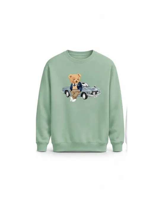 Mezatçı Dayı Ayı ve Araba Baskılı Uzun Kollu Sweatshirt