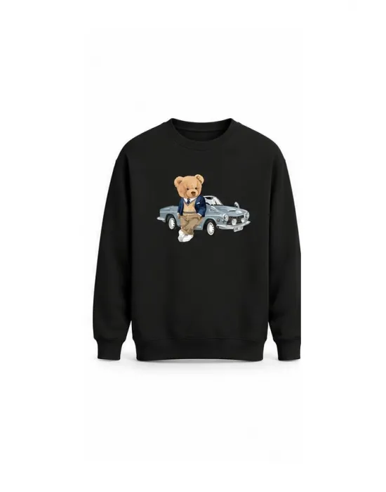 Mezatçı Dayı Ayı ve Araba Baskılı Uzun Kollu Sweatshirt