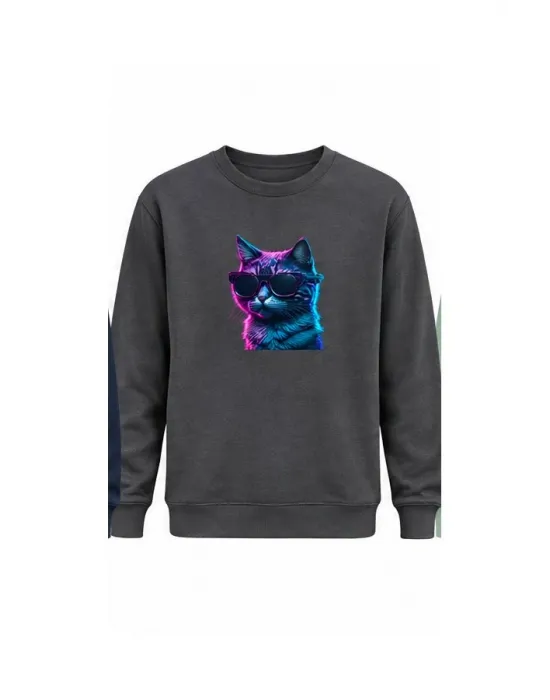 Mezatçı Dayı Gözlüklü Kedi Baskılı Uzun Kollu Sweatshirt